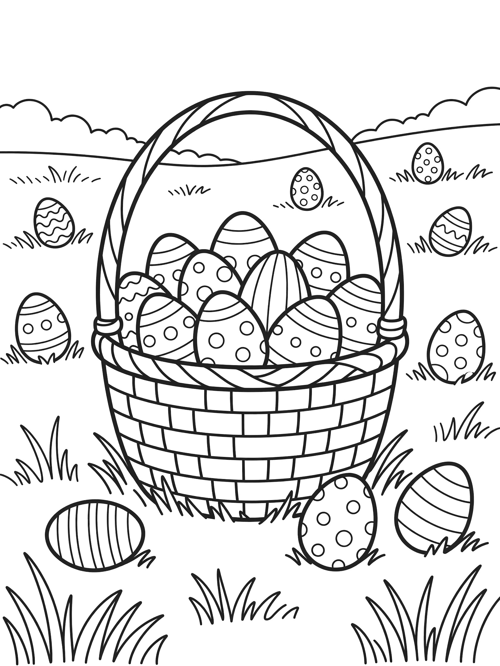 Black and white line art of an Easter egg hunt basket full of patterned eggs in a meadow with scattered eggs on the grass.
