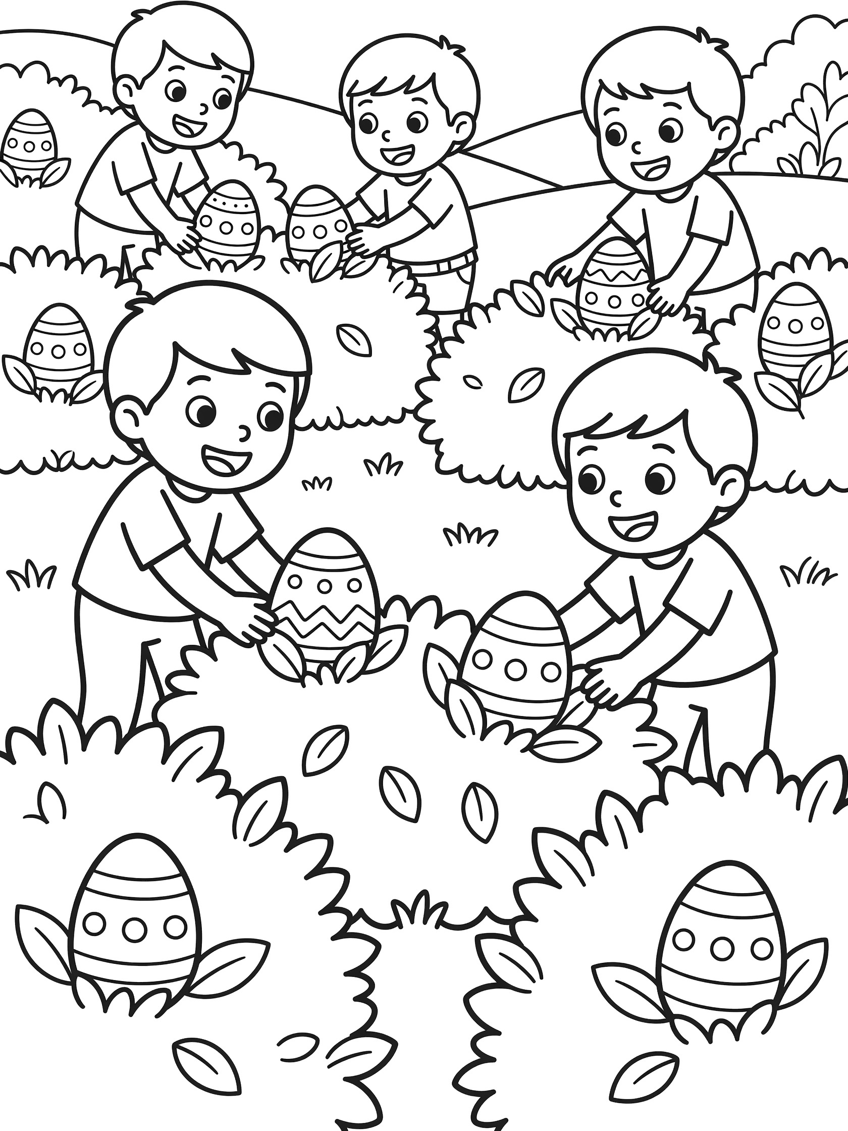 Line art coloring page showing children discovering Easter eggs hidden behind large bushes in a garden during an Easter egg hunt