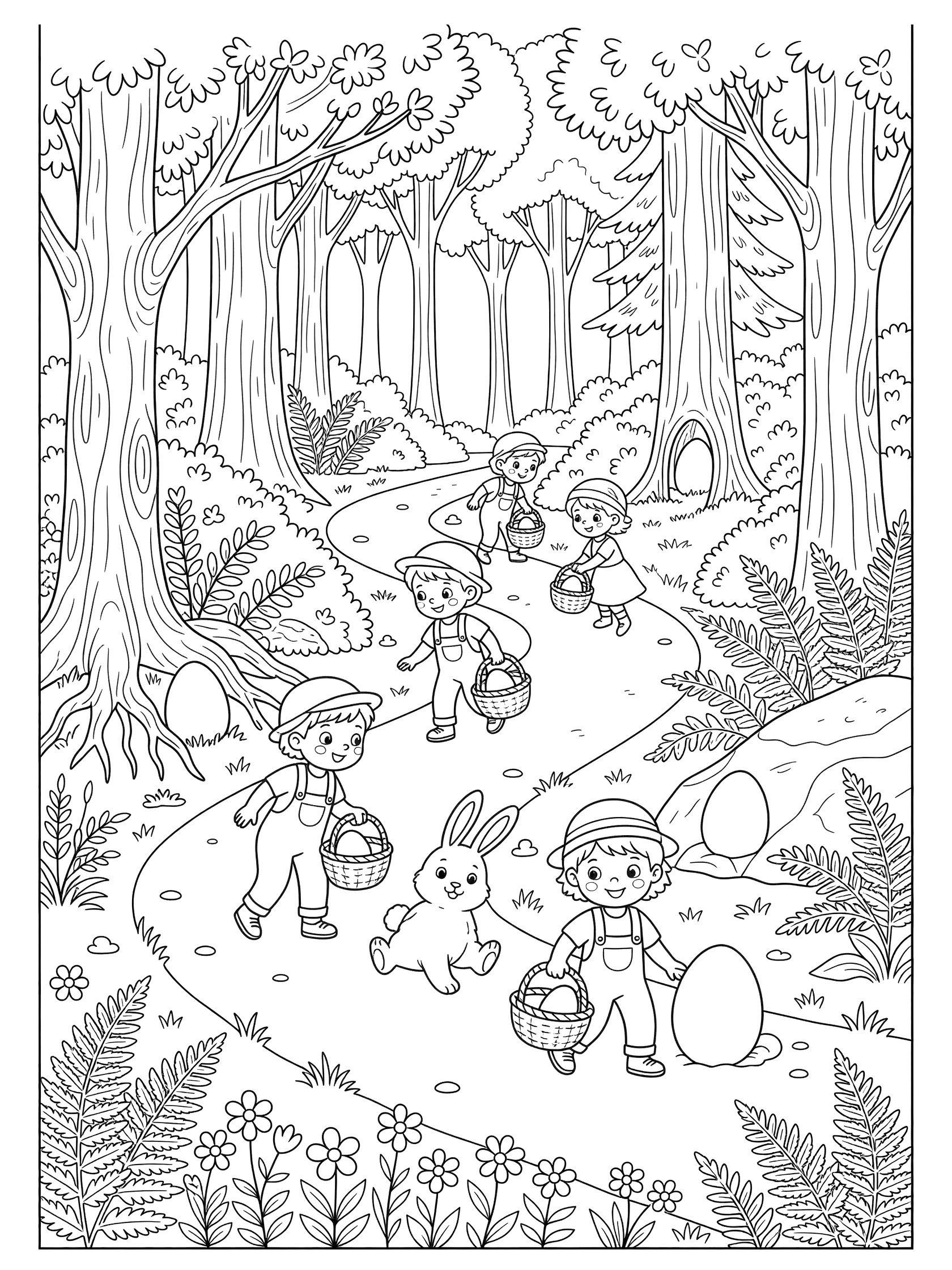 Cute cartoon line art of Easter egg hunt in forest: kids in overalls and hats carry baskets, pick up large eggs hidden by roots and rocks, fluffy bunny hops ahead on curving path with trees and ferns.
