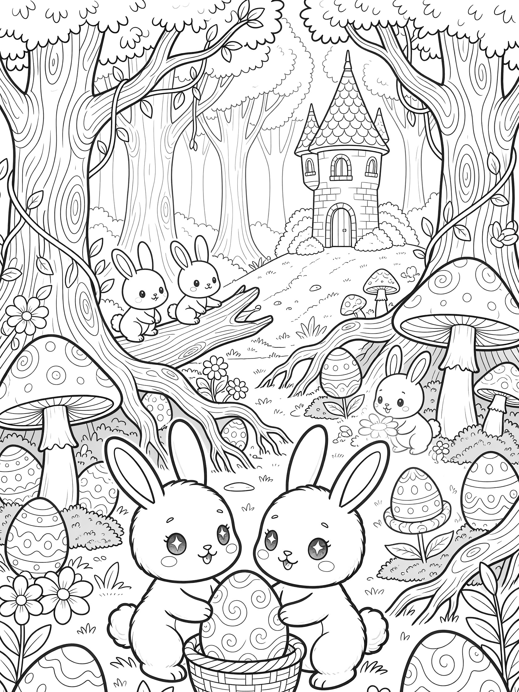 Black and white coloring page of Easter egg hunt in fairy tale woods showing adorable bunnies with big eyes hunting eggs among mushrooms and trees.