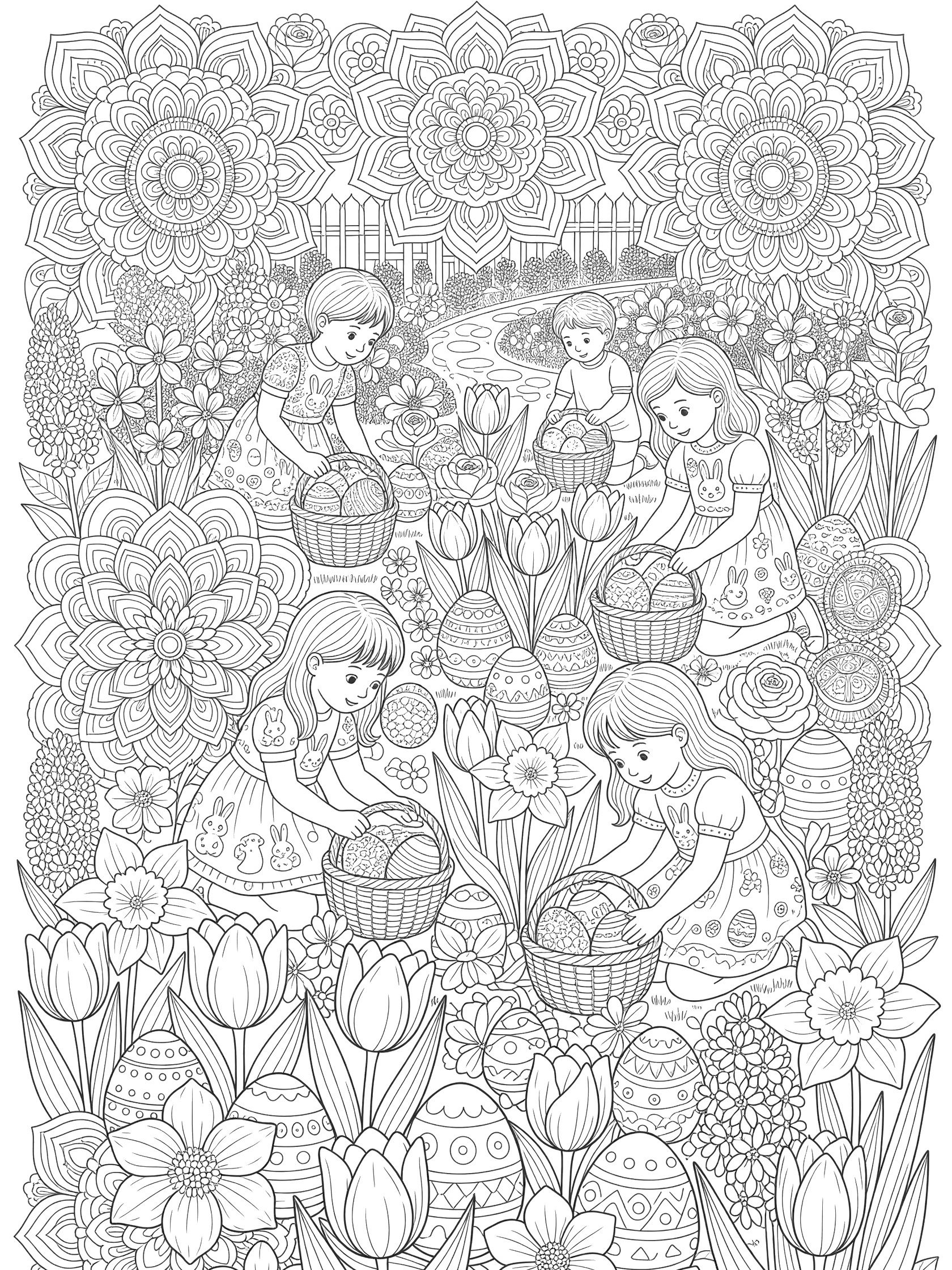Detailed line art coloring page showing Easter egg hunt where children search for patterned eggs among blooming tulips, daffodils and flowers, holding baskets in a garden.