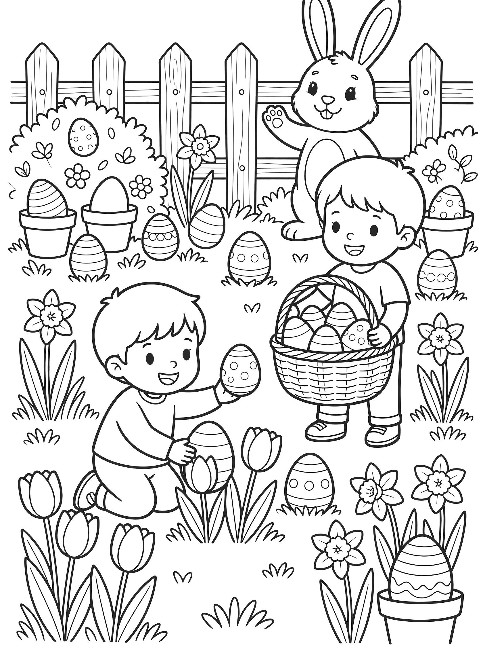 Cute cartoon coloring page of Easter egg hunt: boy kneeling by tulips picking a big egg, another boy with basket catching eggs from bushes, scattered eggs in grass and flowers, bunny waving near wooden fence.