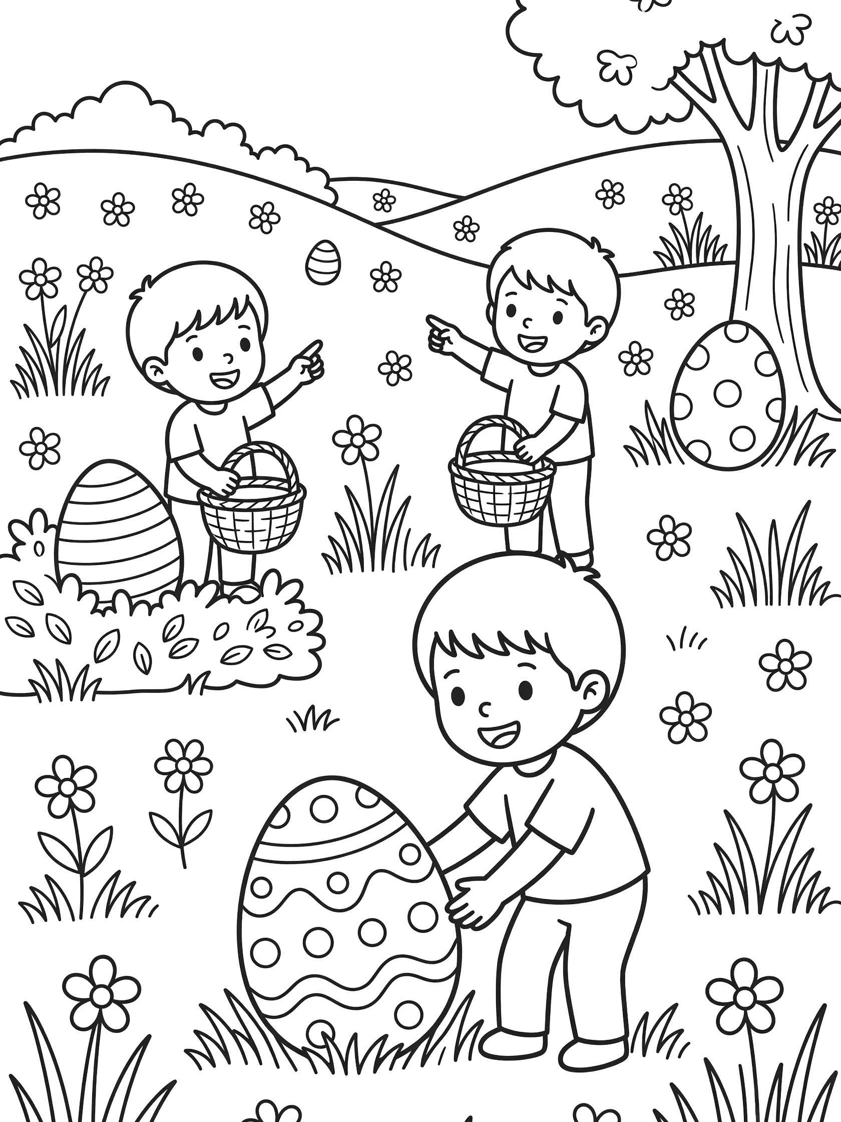 Coloring page showing three happy children hunting Easter eggs in a meadow with wildflowers, bushes, trees, rolling hills, and baskets full of striped and polka dot eggs.