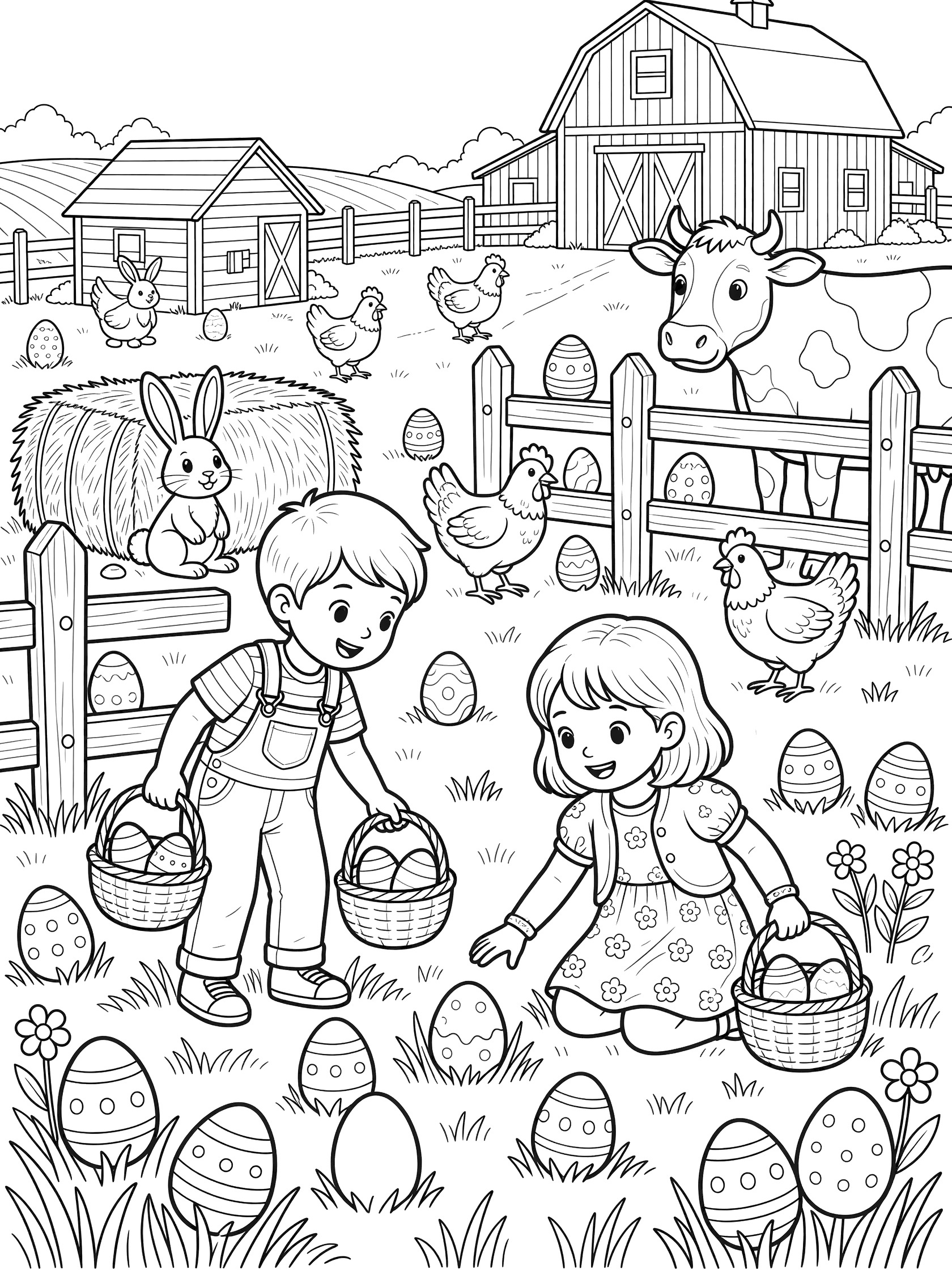Black and white coloring page of Easter egg hunt on a farm with two kids holding baskets, farm animals, barn, fence, and hidden eggs in the grass.