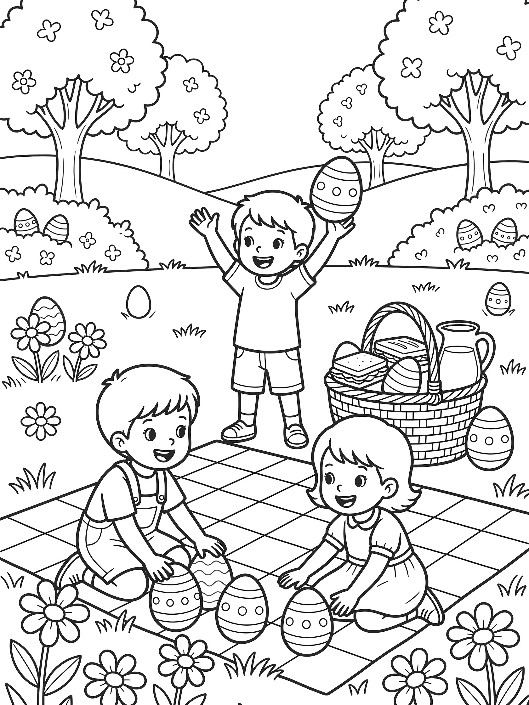 Black and white line art of Easter egg hunt picnic scene showing three young children picking up patterned eggs near a checkered blanket, woven basket, trees, and flowers