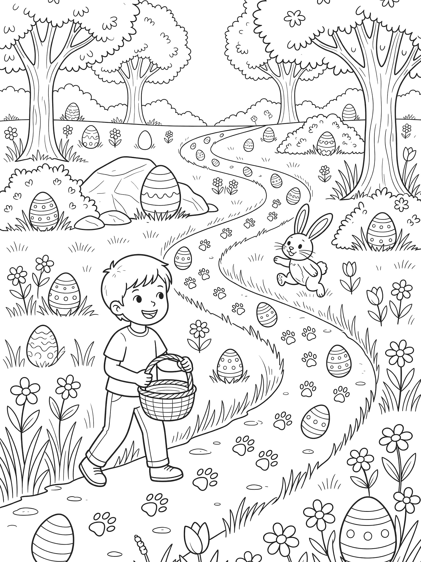 Cute cartoon coloring page showing a joyful child with empty basket on an Easter eggs hunt trail marked by bunny prints, scattered eggs, flowers, trees, and a hopping bunny in a meadow.
