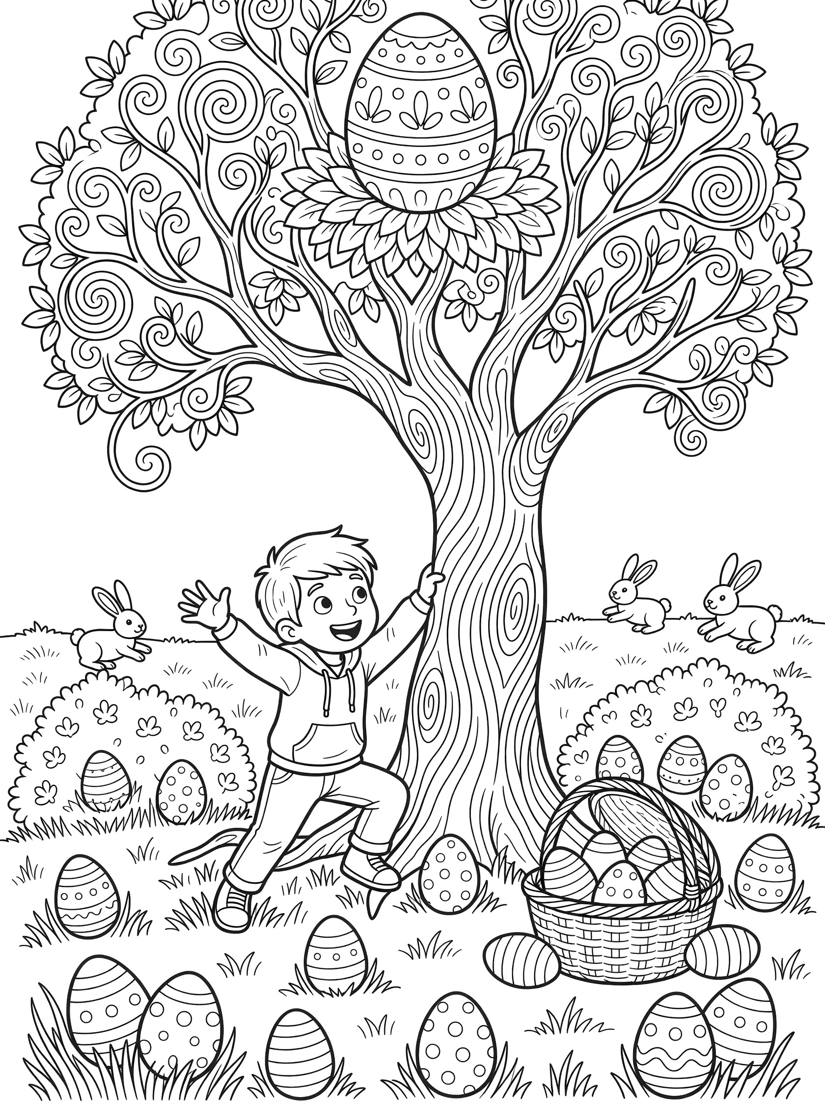 Black and white line art of a happy child climbing a tall twisty tree during an Easter egg hunt, reaching for a large egg in the branches, with eggs in grass, bushes, a full basket at the base, and bunnies hopping around.