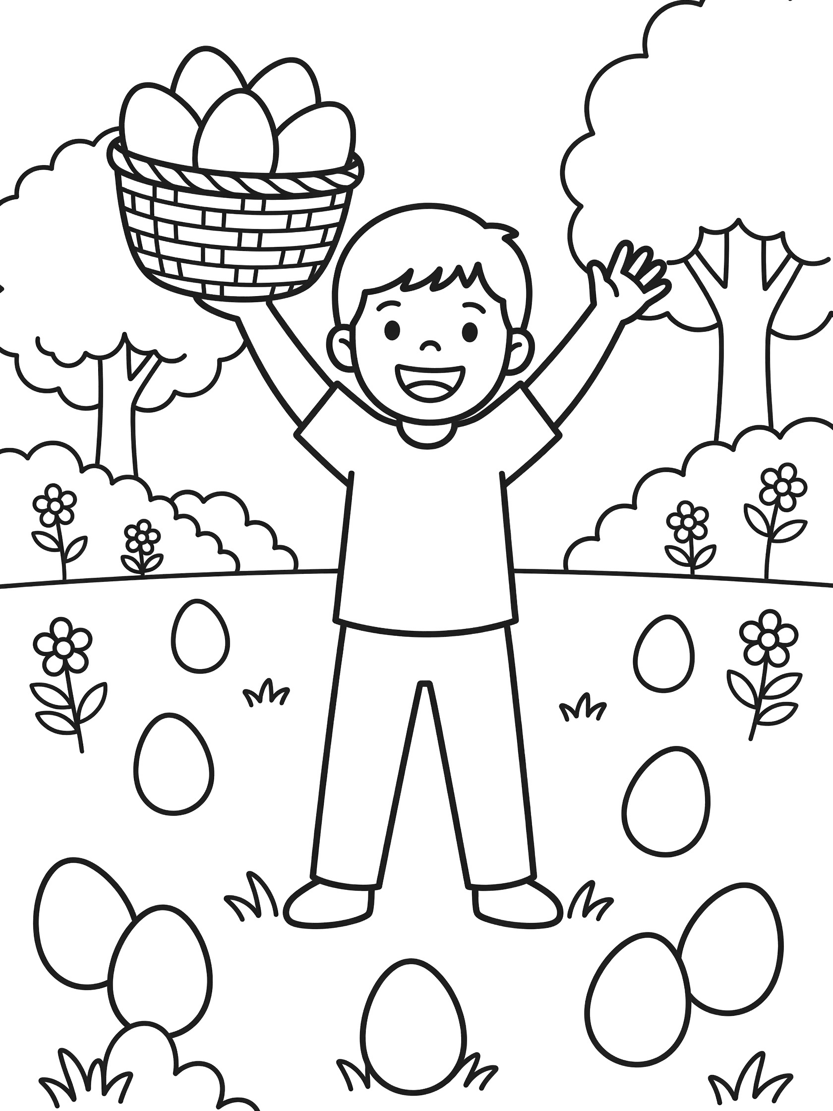 Black and white line art coloring page of a happy child with arms raised in victory, holding overflowing Easter egg basket, surrounded by hidden eggs, bushes, flowers and trees in a park.