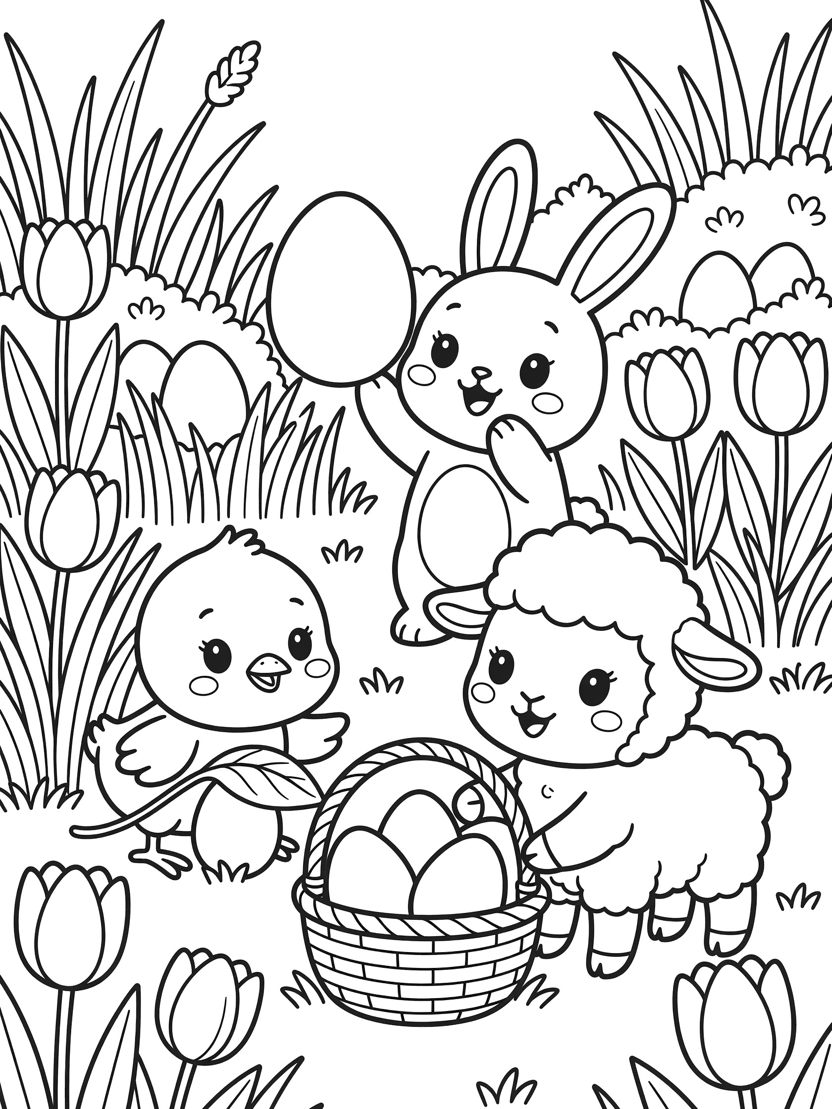 Black and white coloring page of adorable chibi bunny, chick and lamb on an Easter egg hunt in a sunny garden with tulips, grass and hidden eggs.
