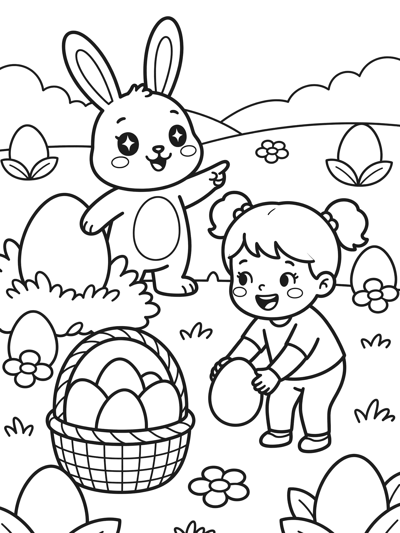 Black and white line art of Easter egg hunt: chubby bunny with big eyes pointing to egg behind bush, girl with pigtails holding egg, basket overflowing with eggs in spring garden.