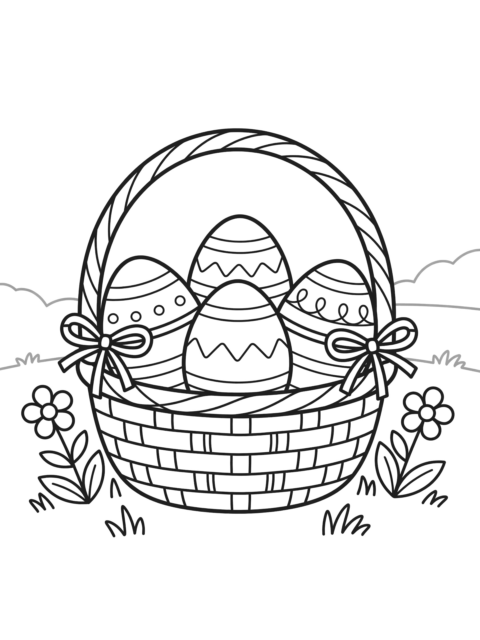 Black and white line art coloring page showing Easter eggs decorated with stripes, zigzags and ribbons in a basket with flowers and grassy hills.