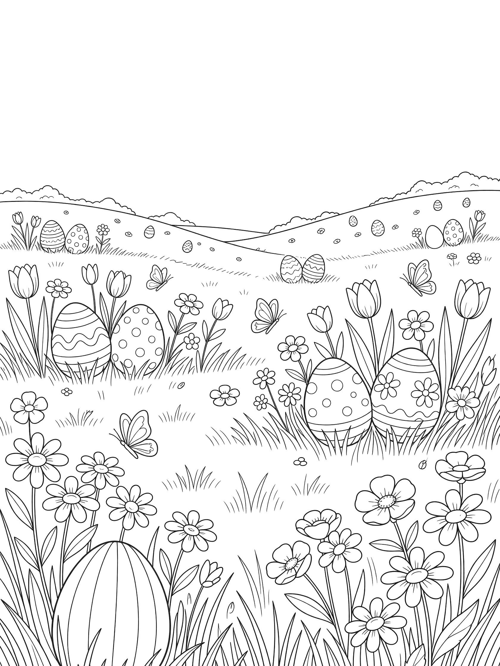 Line art coloring page showing striped, polka-dotted and patterned Easter eggs scattered in a meadow with tall grasses, blooming daisies, tulips, buttercups, butterflies, and green hills.