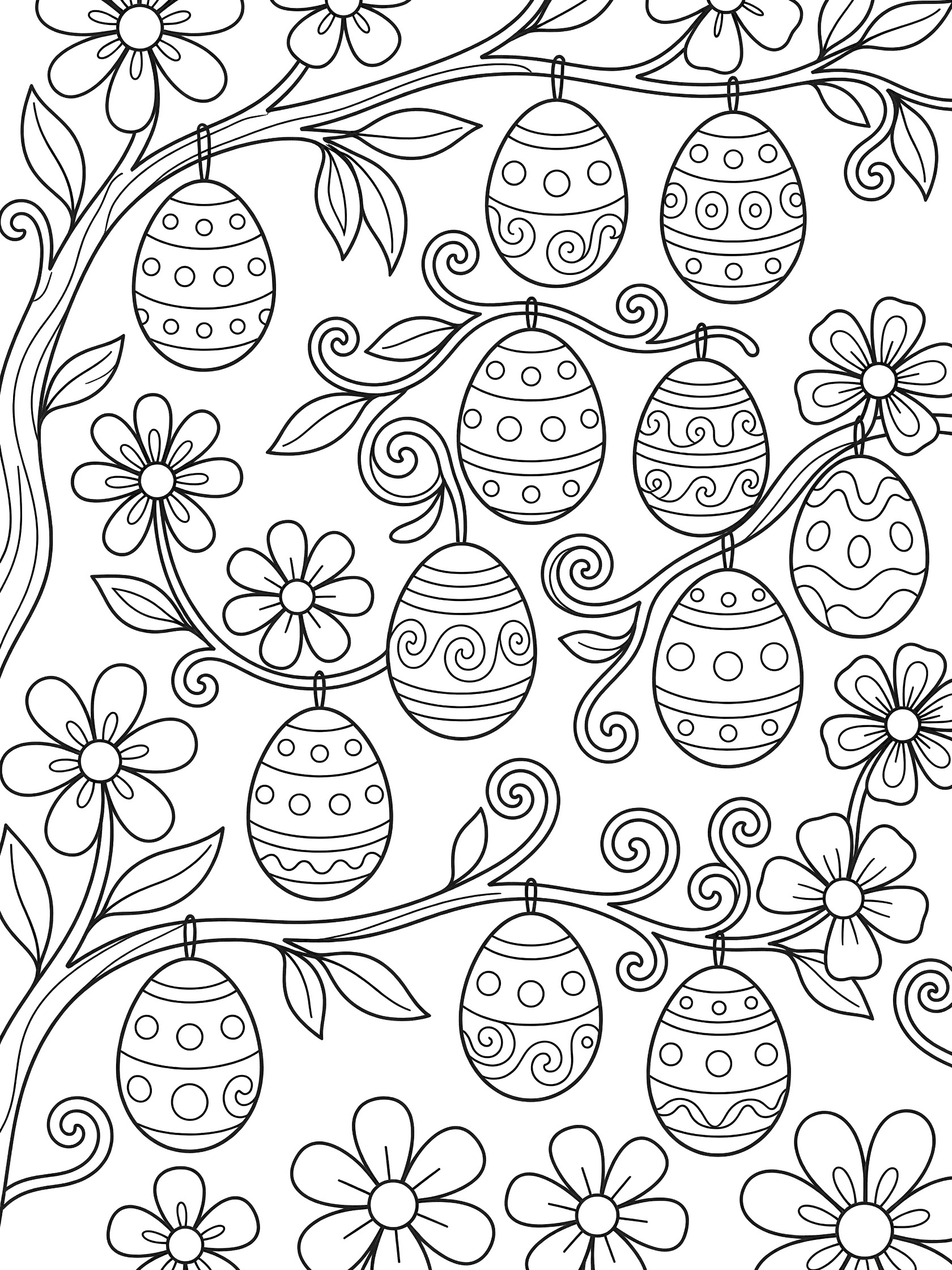 Printable coloring page showing large Easter eggs patterned with dots, stripes and swirls, hanging playfully from curly tree branches with leaves and flowers in a spring scene.