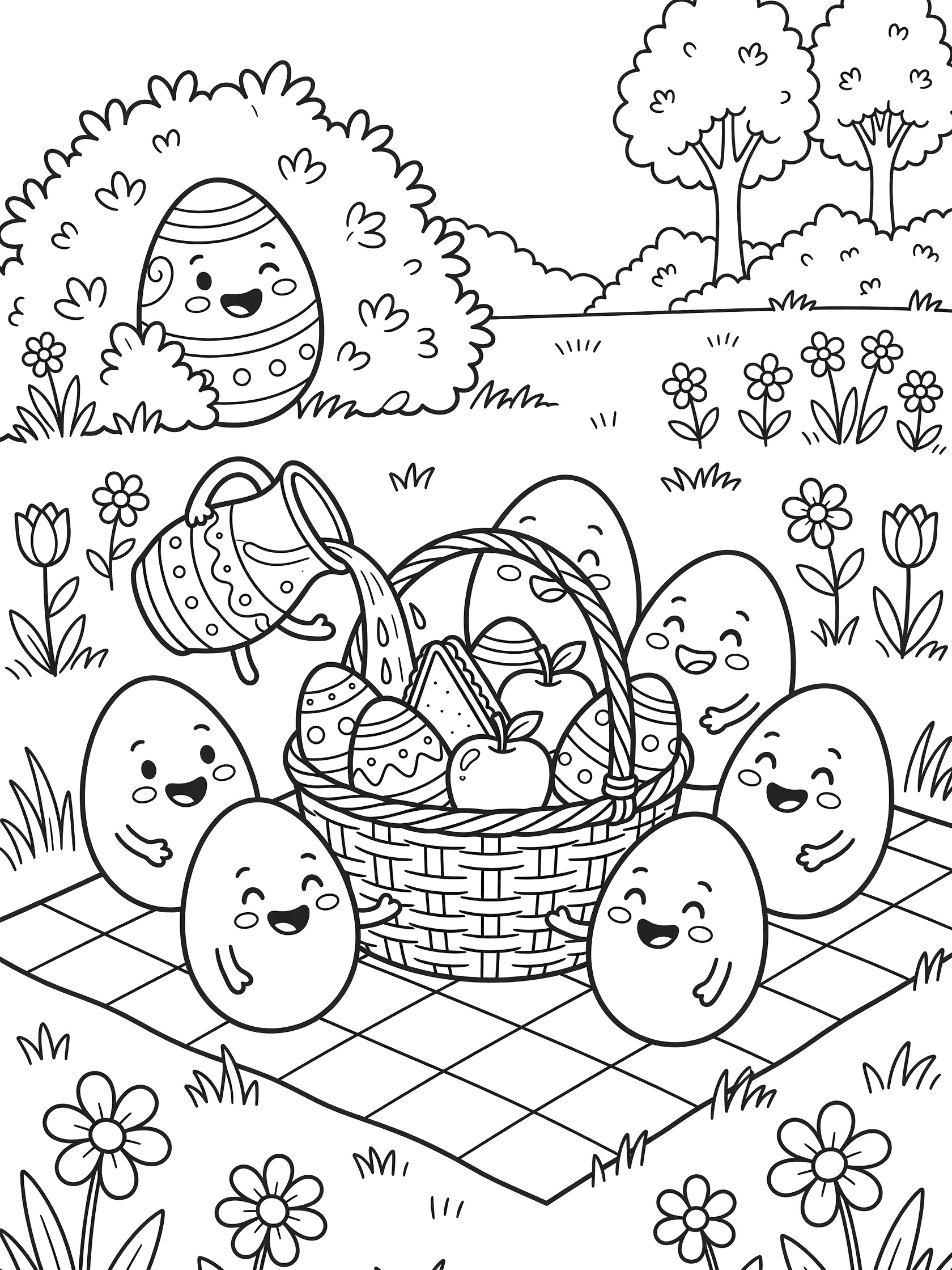 Cute cartoon Easter eggs picnic coloring page showing eggs with faces unpacking a basket, pouring juice, and chatting on a checkered blanket surrounded by grass and wildflowers.