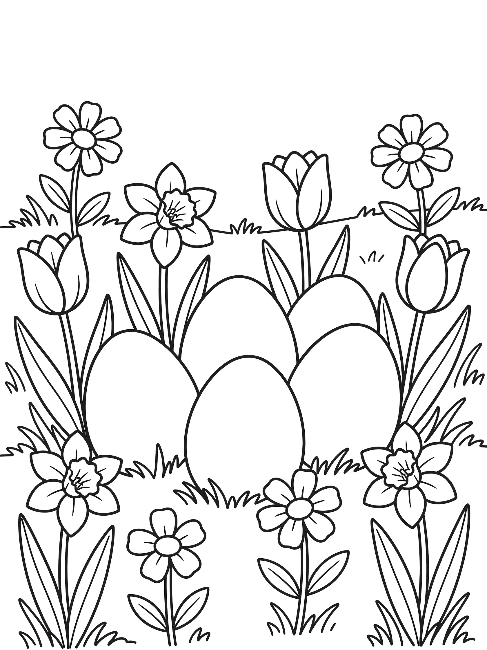 Black and white coloring page showing plump Easter eggs surrounded by blooming tulips, daffodils, daisies, and grass in a whimsical doodle style.