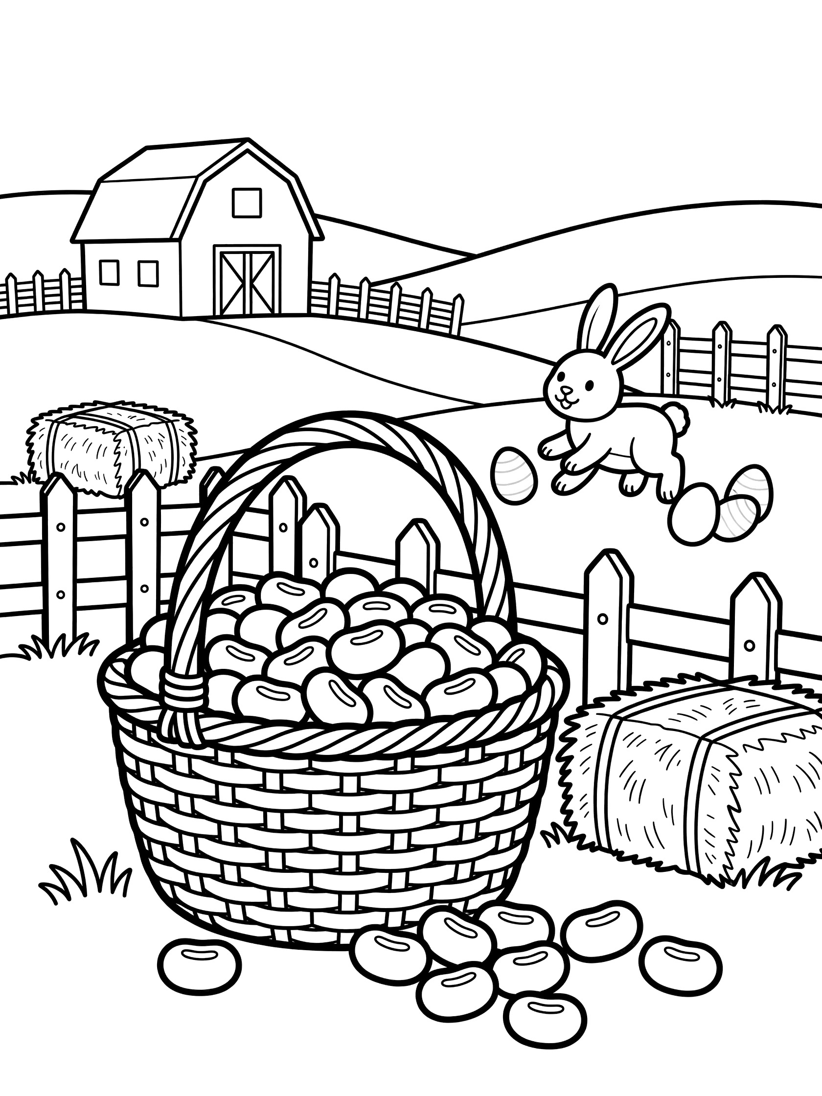 Printable coloring page showing a large wicker basket overflowing with jelly beans on grass, next to a hopping bunny with Easter eggs, wooden fence, hay bales, red barn and green hills in a sunny farm scene.