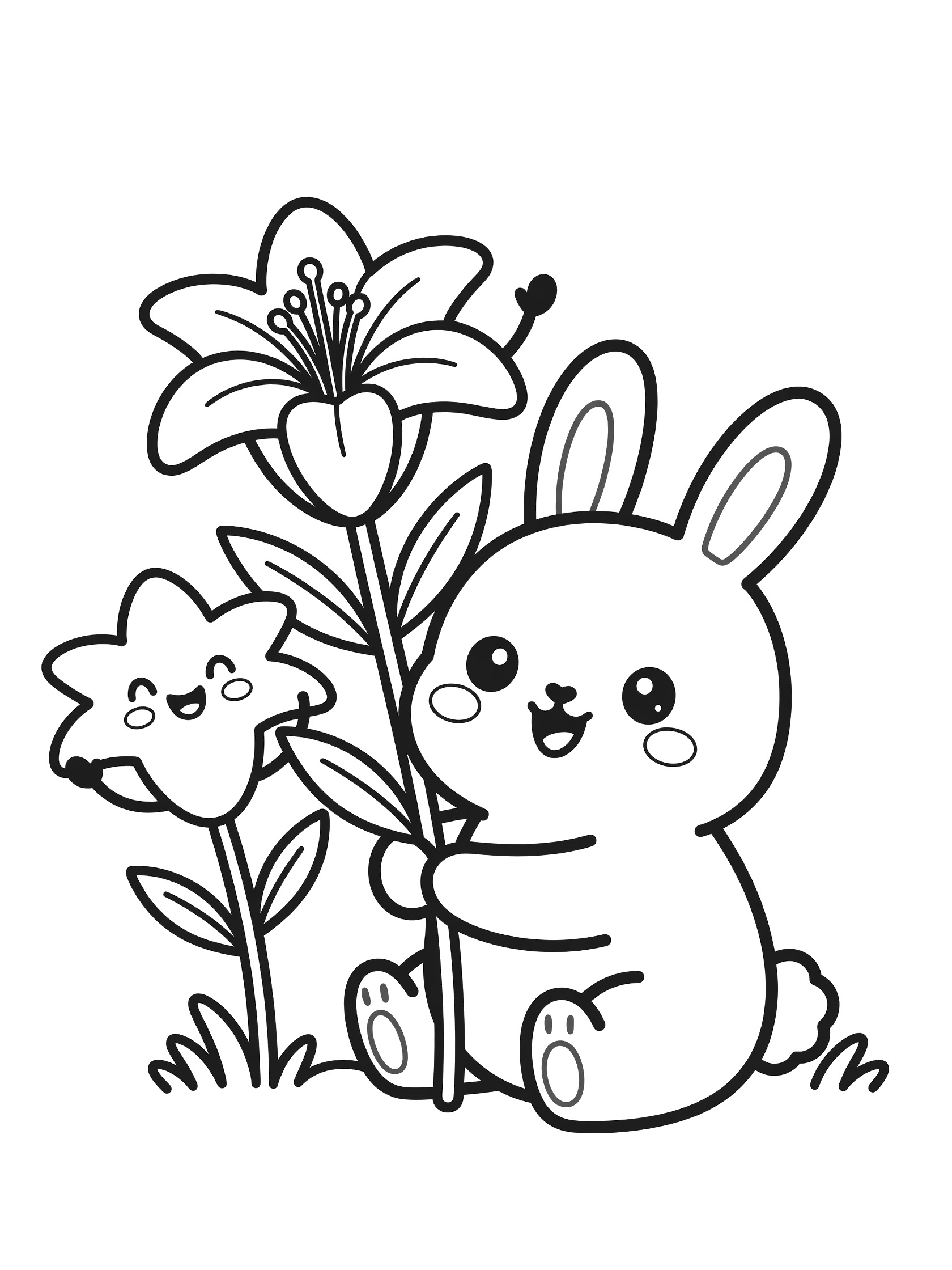 Black and white line art coloring page showing a round bunny rabbit hugging a tall Easter lily stem, with two nearby Easter lilies having happy faces and waving leaf arms.