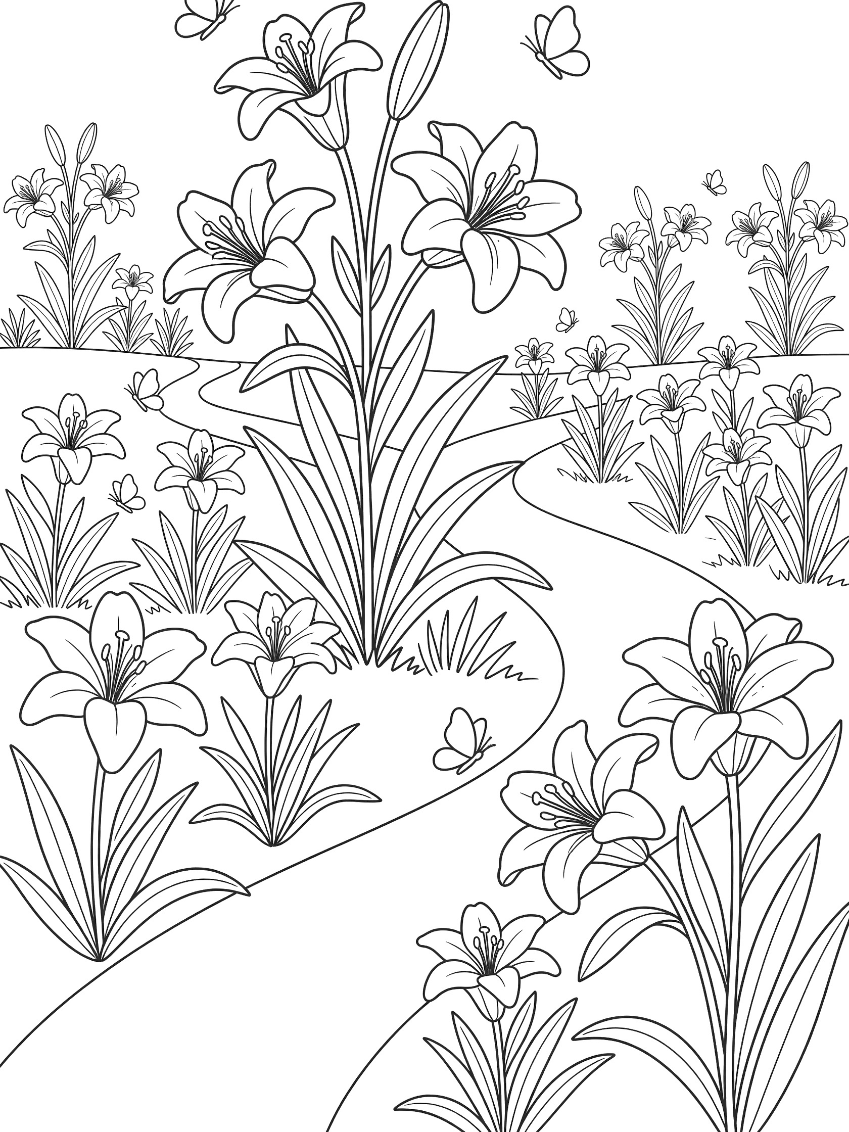 Black-and-white line art of an Easter lilies garden scene with tall trumpet flowers, green leaves, butterflies, and curving paths through flower beds.