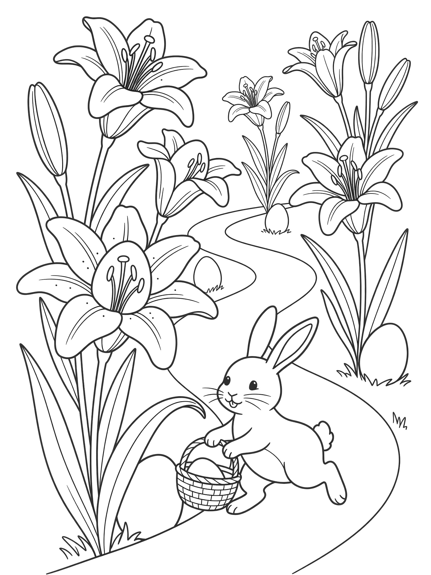 Black and white line art of Easter lilies filled garden with hidden Easter eggs, winding path, and bunny holding a basket uncovering an egg