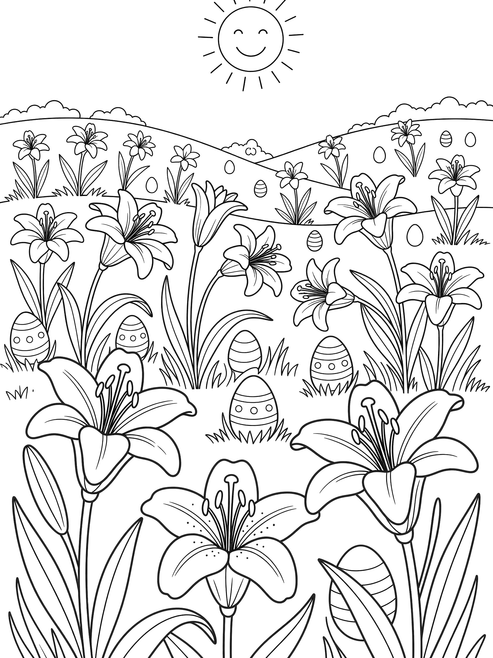 Black and white line art coloring page showing a field of Easter lilies with trumpet flowers, green stems, leaves, Easter eggs in the grass, hills, and a happy sun.