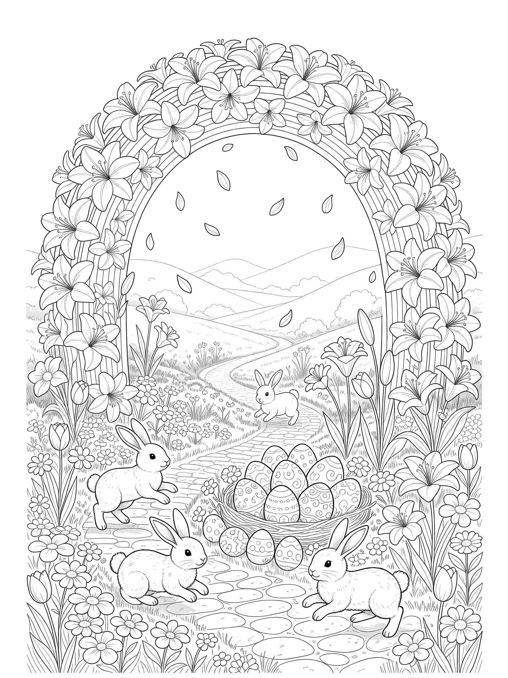 Black and white line art of Easter lilies forming a rainbow arch over bunnies hopping to a nest of Easter eggs on a garden path