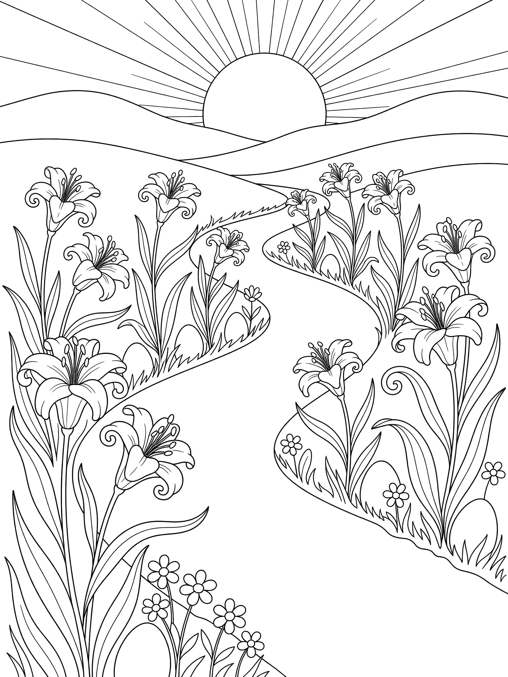 Black-and-white line art coloring page of a curving path through tall Easter lilies with a sunrise over hills and hidden Easter eggs