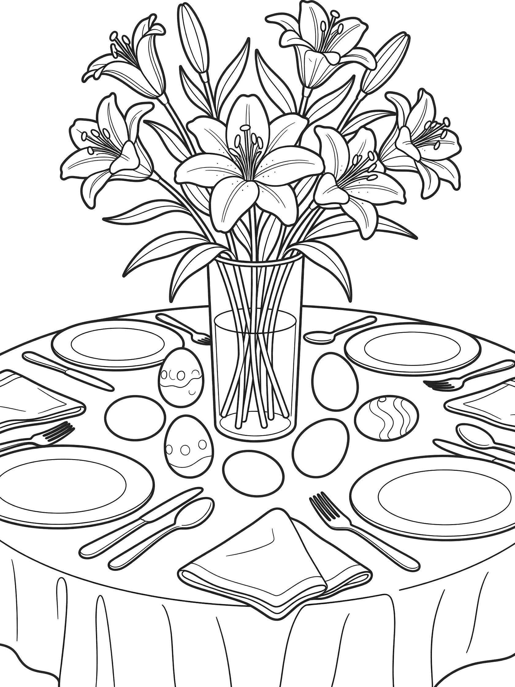 Black and white line art coloring page showing Easter lilies overflowing from a glass vase centerpiece on a table setting with plates, forks, knives, napkins and scattered Easter eggs.