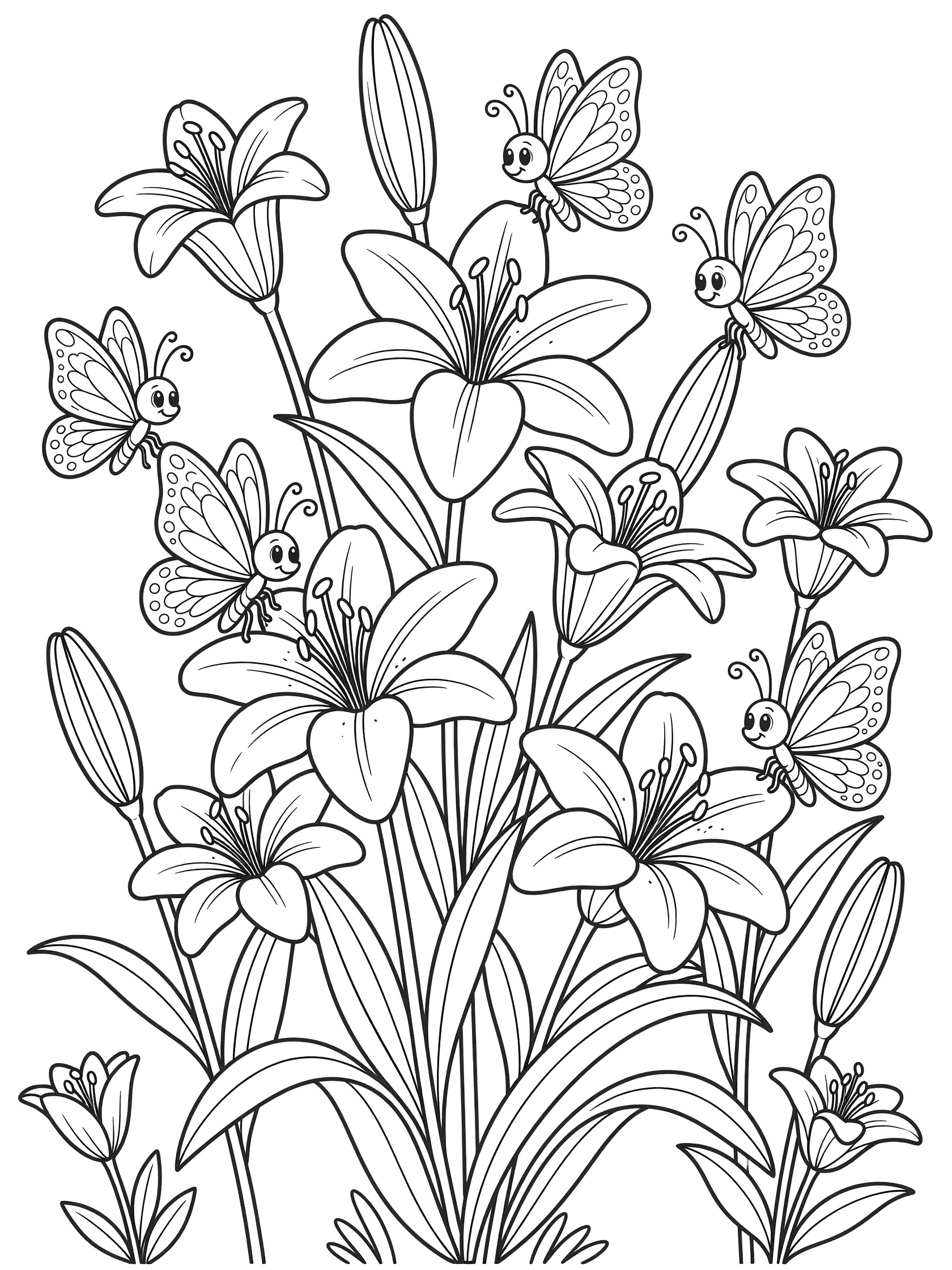 Black and white line art of Easter lilies with trumpet blooms, curved leaves, and cute butterflies perched on petals and fluttering nearby.