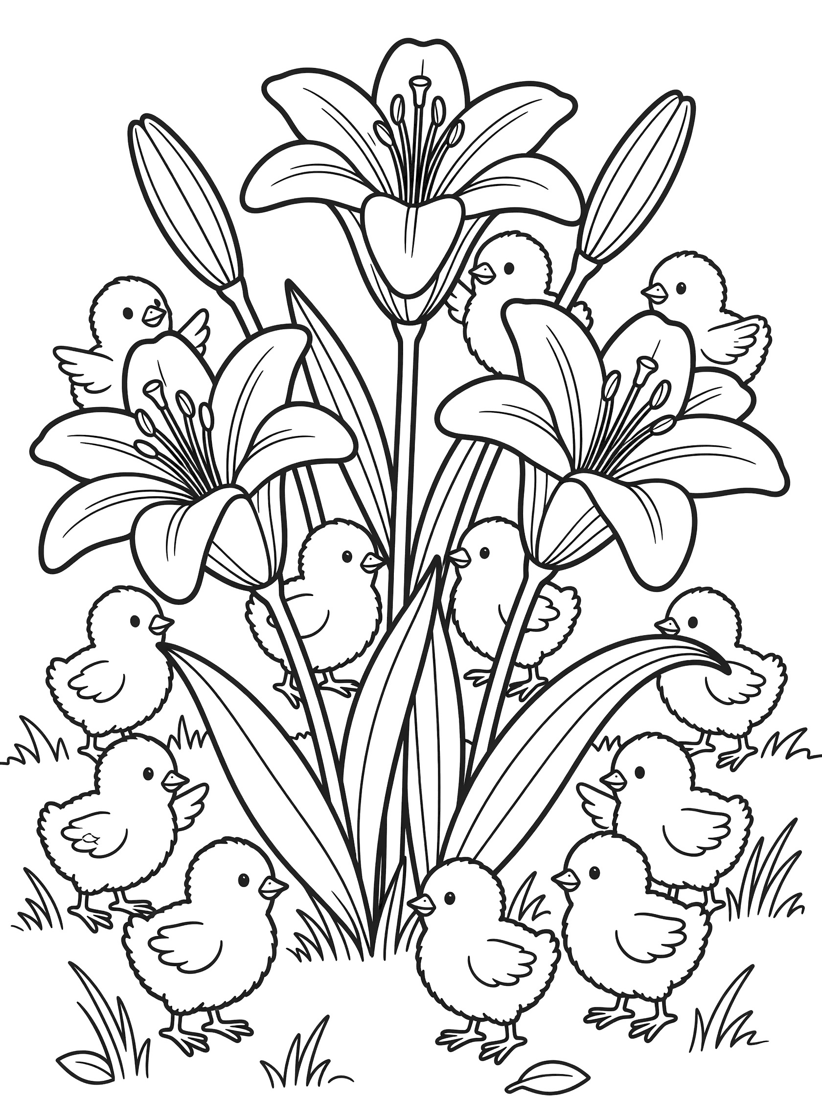 Line art coloring page showing tall Easter lilies blooming with adorable baby chicks hopping on stems and peeking from petals in a spring garden.