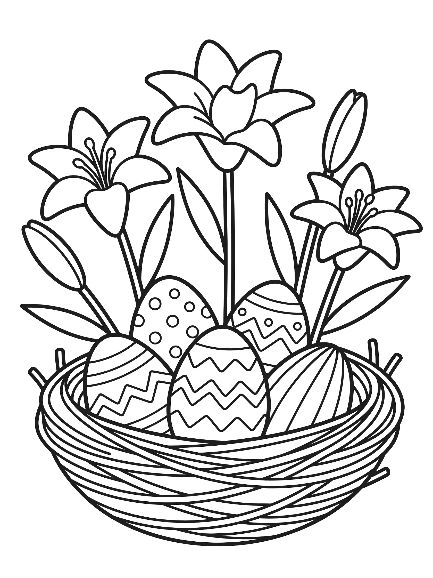 Black and white coloring page showing Easter lilies with straight leaves and stems around a nest of decorated Easter eggs with dots and zigzags.
