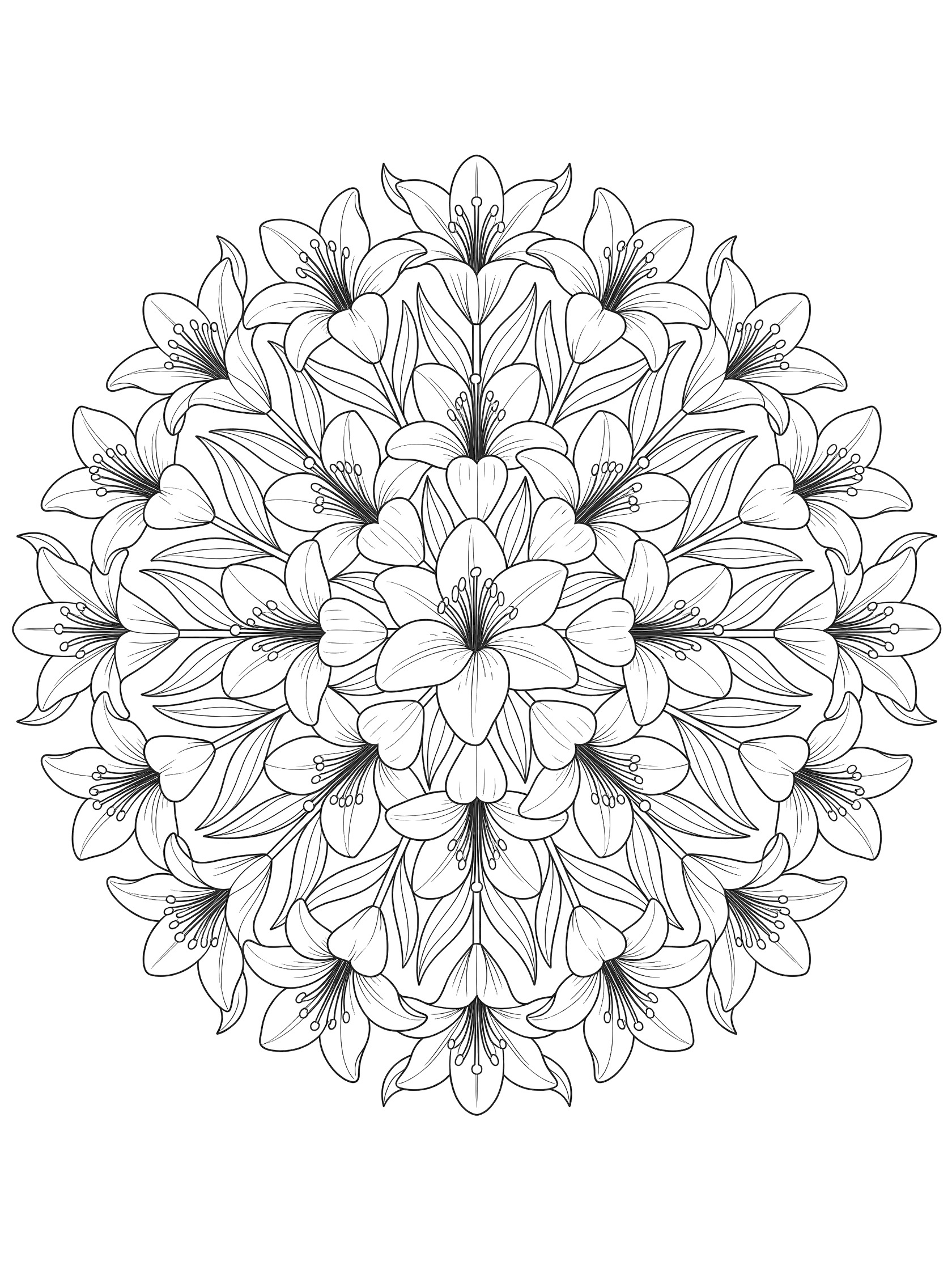 Symmetrical circular wreath coloring page of Easter lilies with layered petals, long leaves, and central bloom cluster
