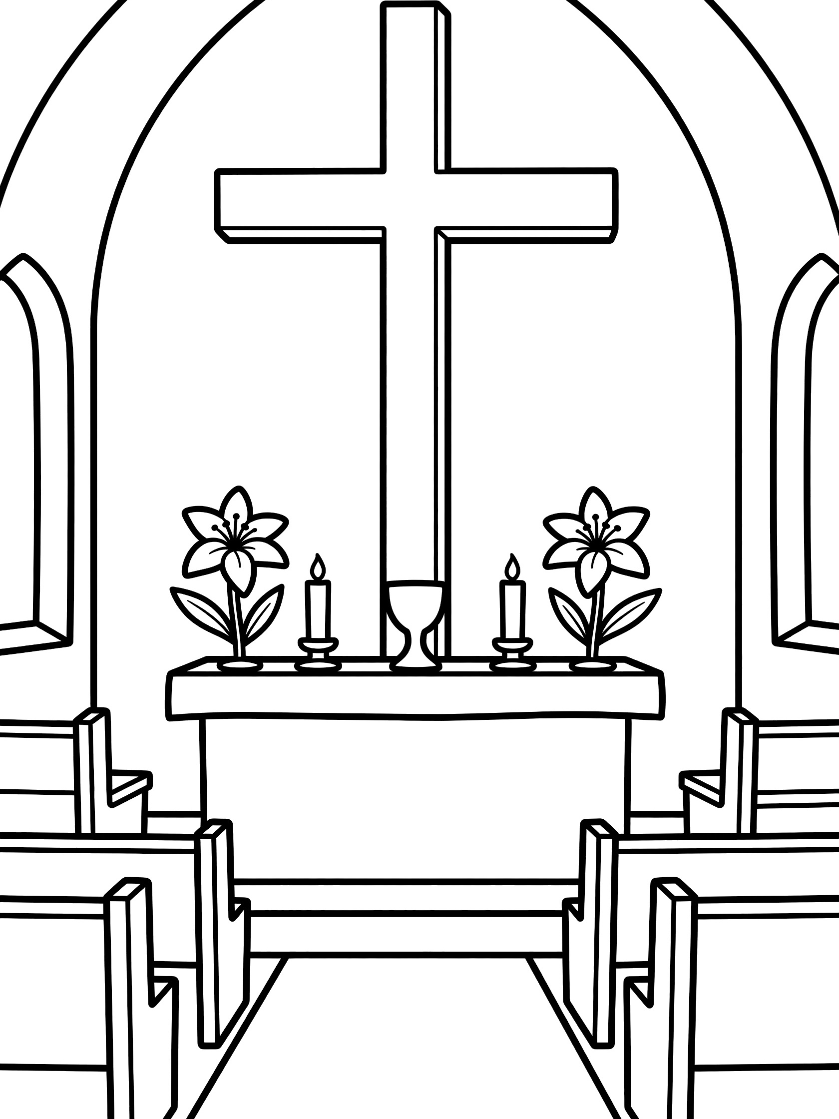 Black and white line art of Easter Sunday Mass altar featuring a wooden cross, Easter lilies, candles, chalice, arched windows, and church pews.
