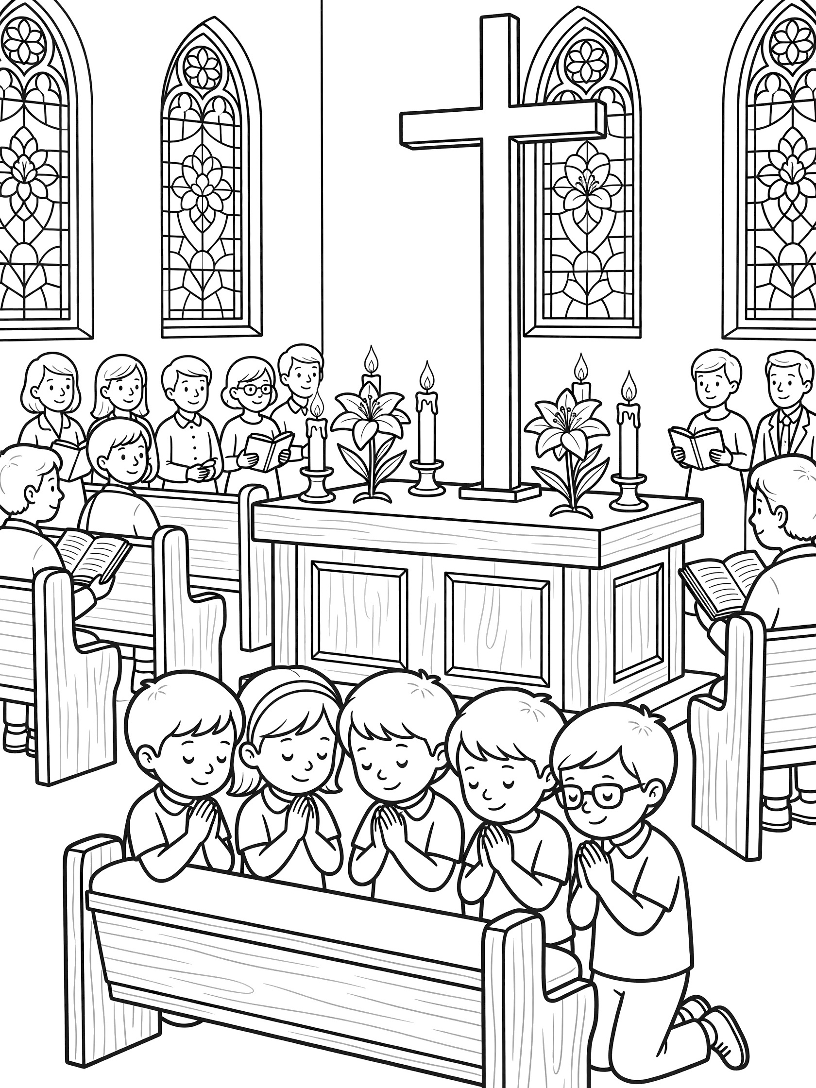 Black and white line art coloring page showing elementary school children kneeling together in a church pew with hands clasped in prayer at Easter Sunday Mass, altar with Easter lilies and candles in foreground.