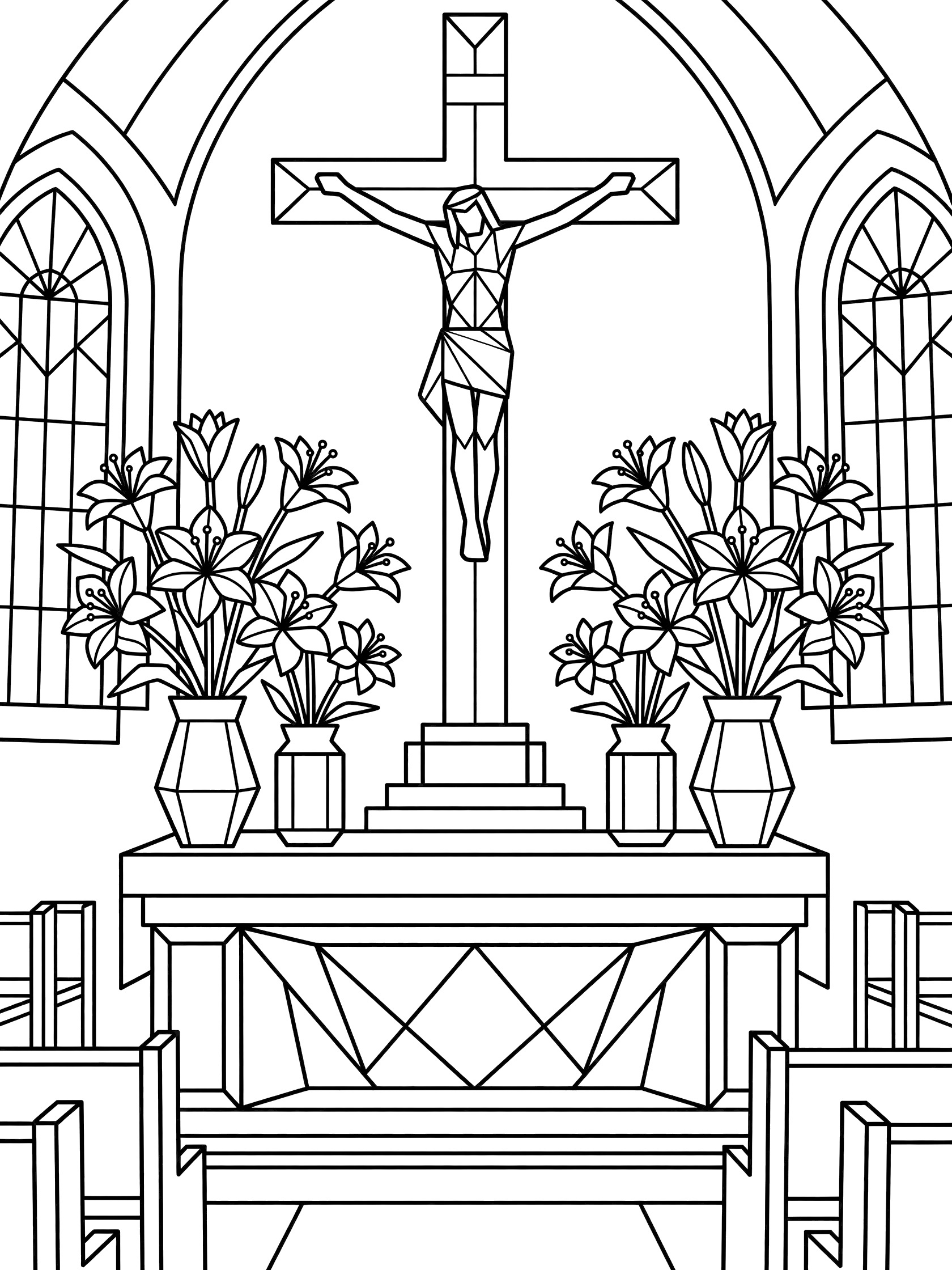 Line art coloring page showing Easter Sunday Mass altar scene with central crucifix on geometric altar, flanked by vases of Easter lilies, arched church windows, and pews.