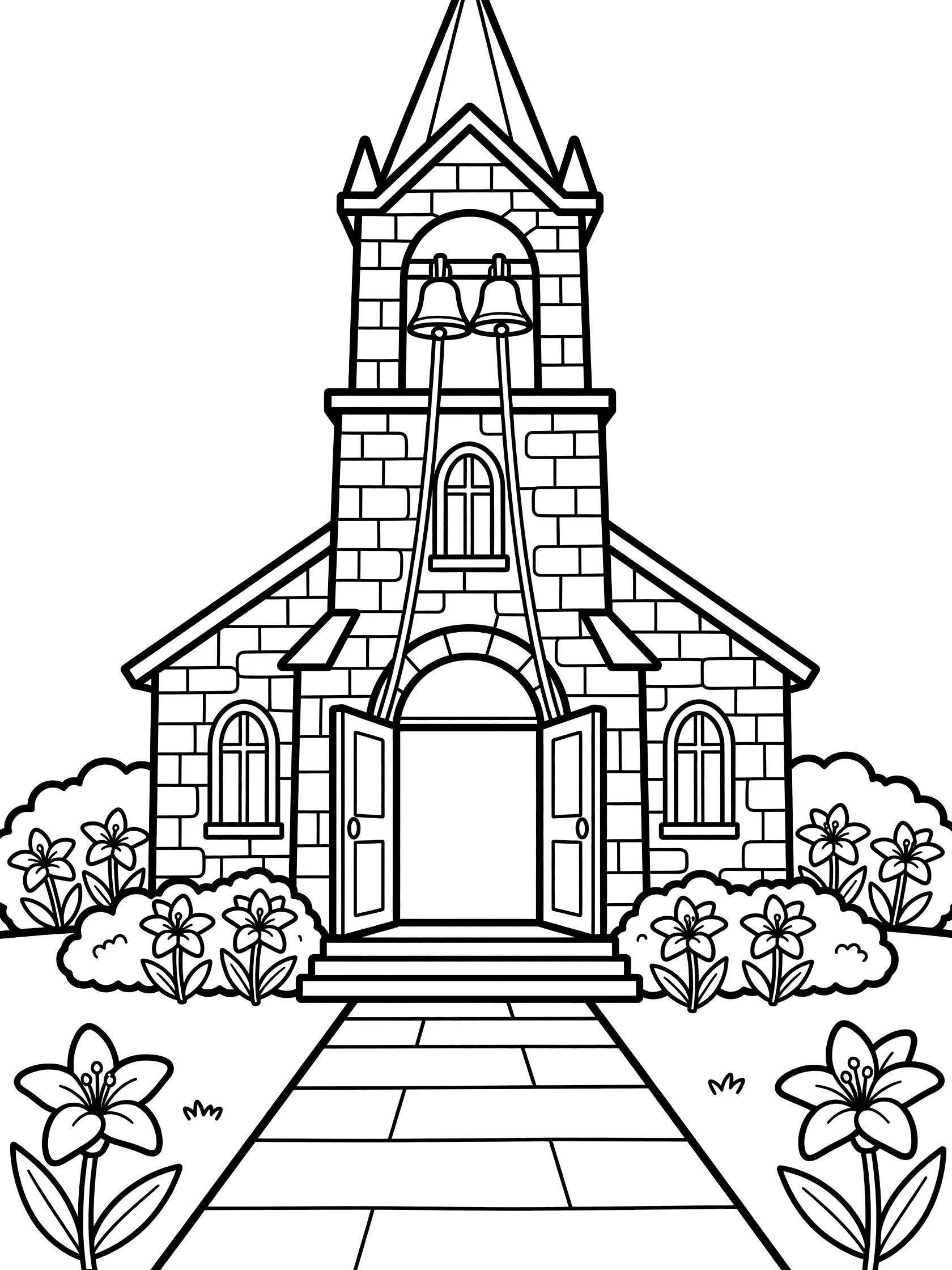 Black and white line art coloring page of stone church with tall pointed bell tower, two large bells on ropes, open welcoming doors, Easter lilies at the base, pathway, arched windows, and cross on top for Easter Sunday Mass.