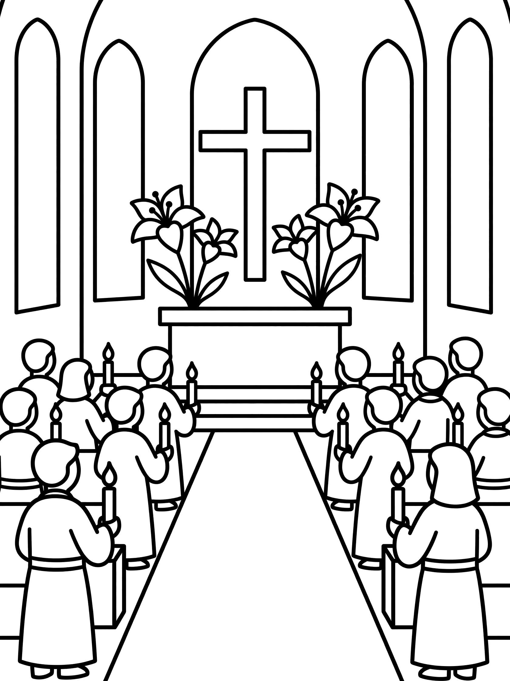 Black and white line art coloring page showing Easter Sunday Mass scene with geometric parishioners holding candles in church near altar cross and lilies