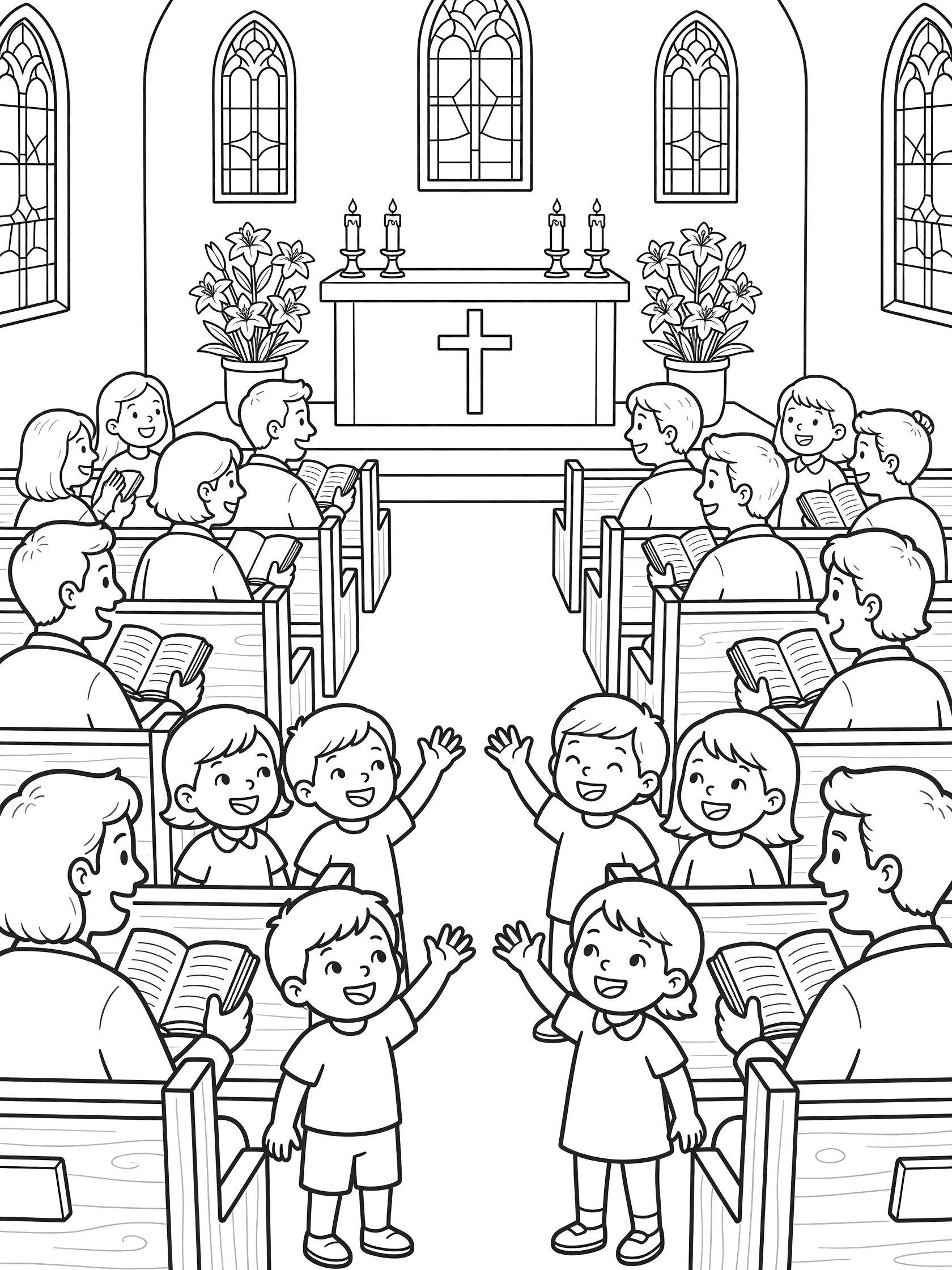 Black-and-white coloring page of joyful congregation in wooden pews at Easter Sunday Mass, with kids waving, adults with hymnals, and background altar with cross and Easter lilies.