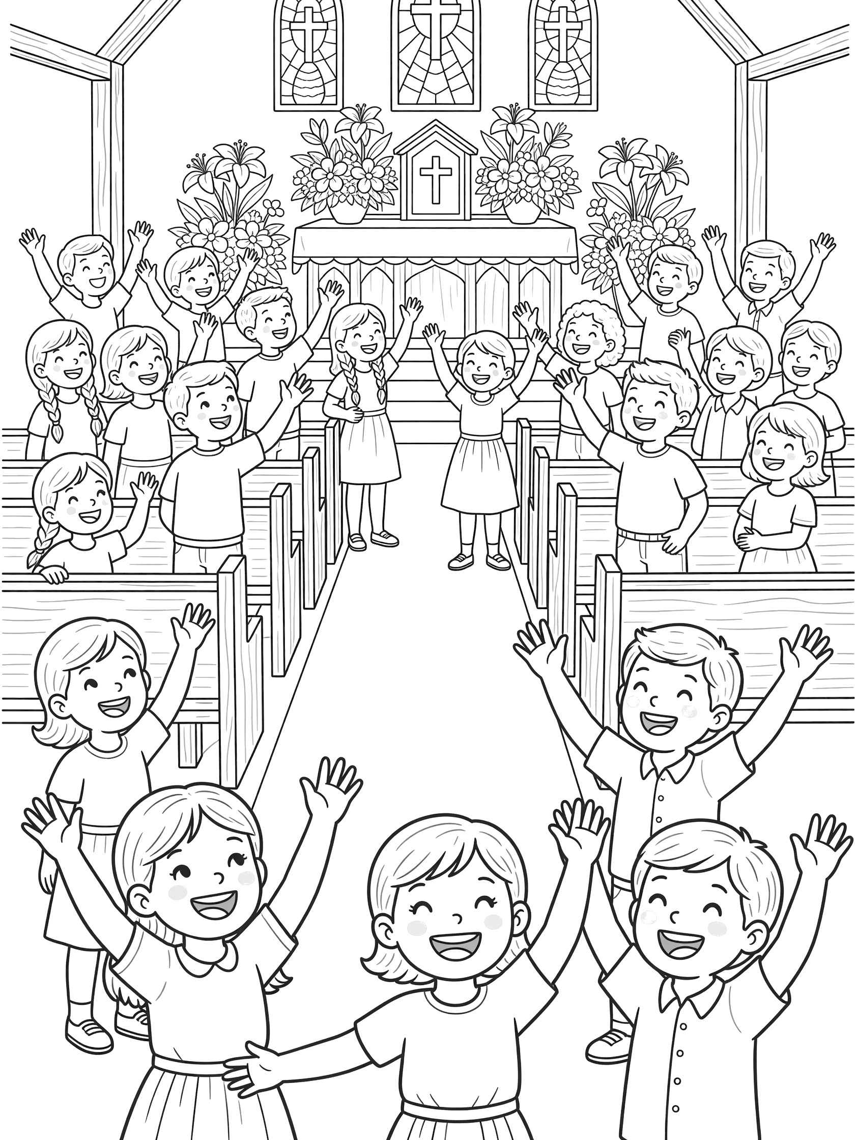 Whimsical line art coloring page showing diverse smiling children and families in a church during Easter Sunday Mass, joyfully raising hands toward the flower-covered altar.