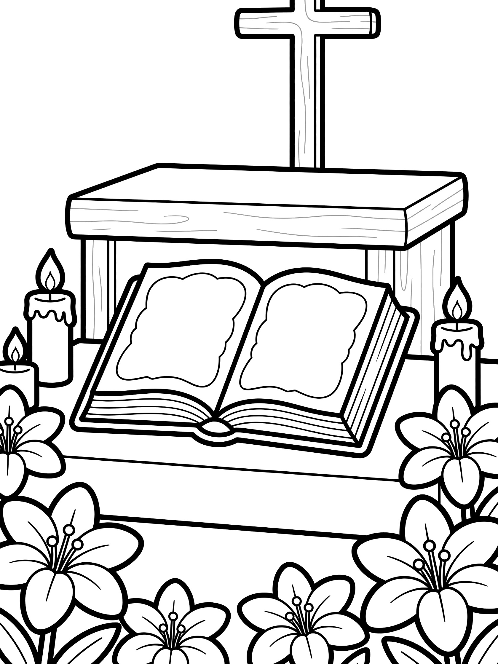 Kawaii black and white line art coloring page showing open Bible on altar during Easter Sunday Mass with fluffy Easter lilies, chubby candles, and wooden cross in background