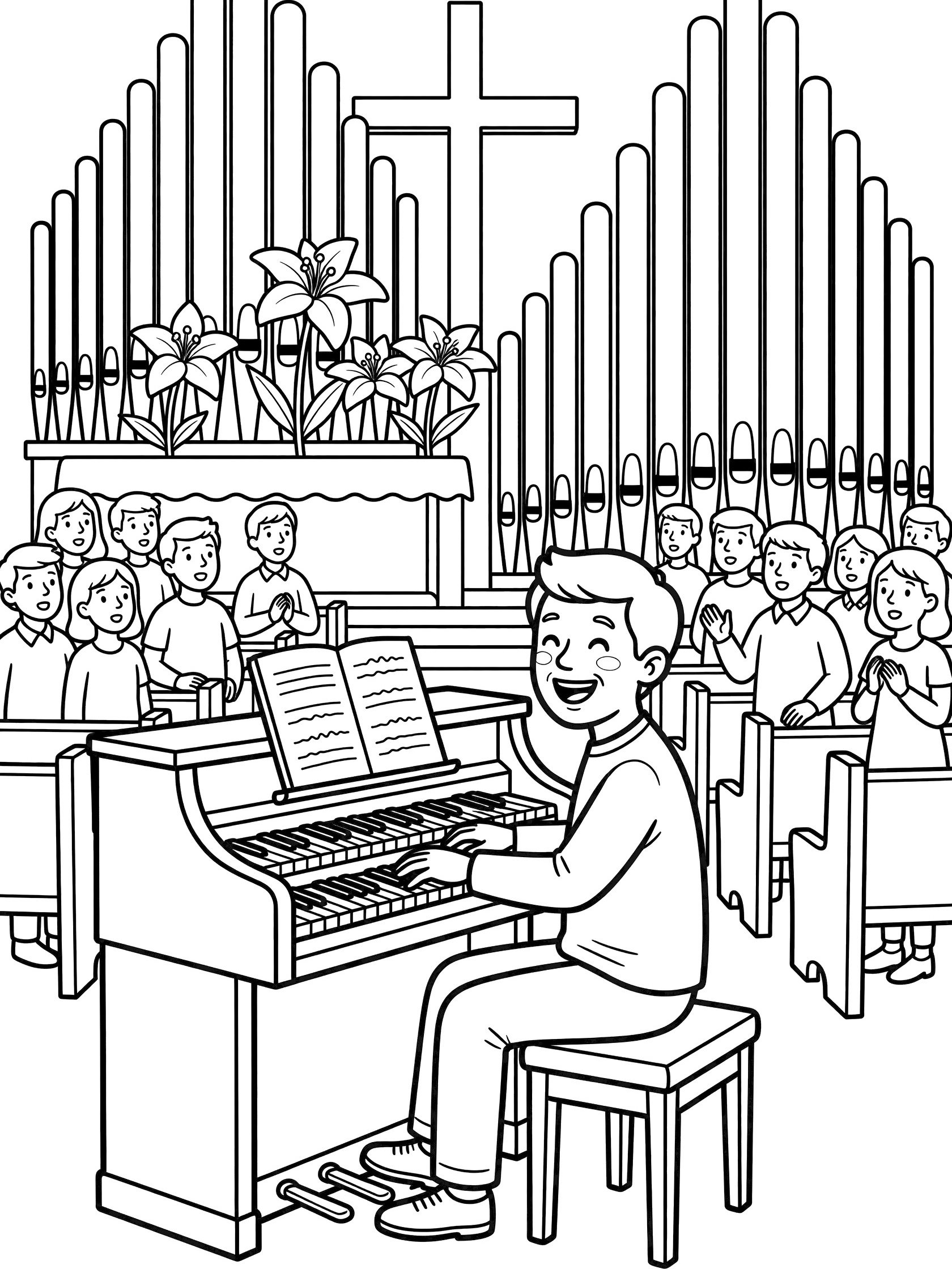 Black and white line art of smiling organ player seated at pipe organ in church for Easter Sunday Mass, with pews, families, altar, lilies, and cross.