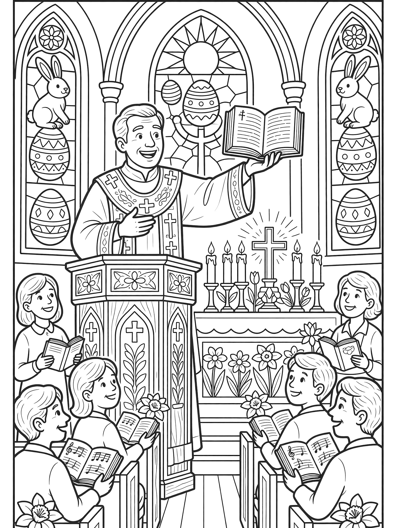 Whimsical line art coloring page showing Easter Sunday Mass with priest holding Bible at wooden pulpit, congregation in pews, Easter lilies, altar candles, cross, and stained glass Easter motifs.