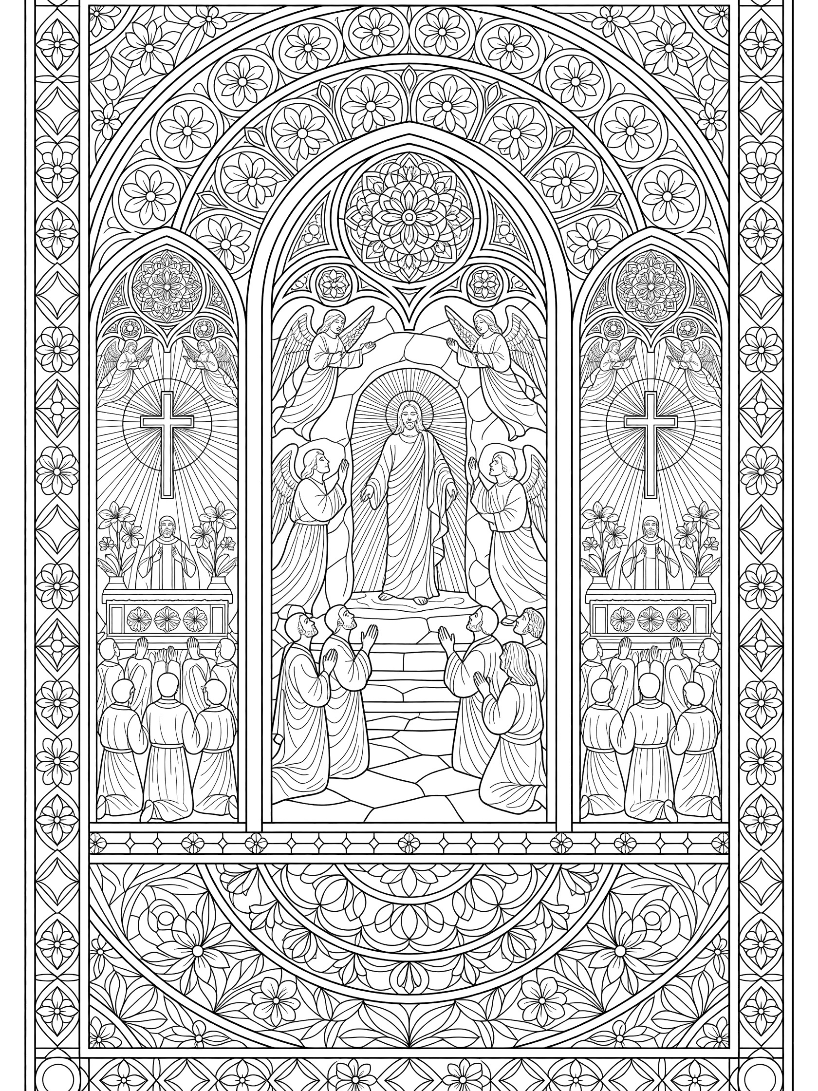Black and white line art of Easter Sunday Mass stained glass windows showing Jesus rising from the tomb with angels and robed figures, framed by floral borders and crosses.