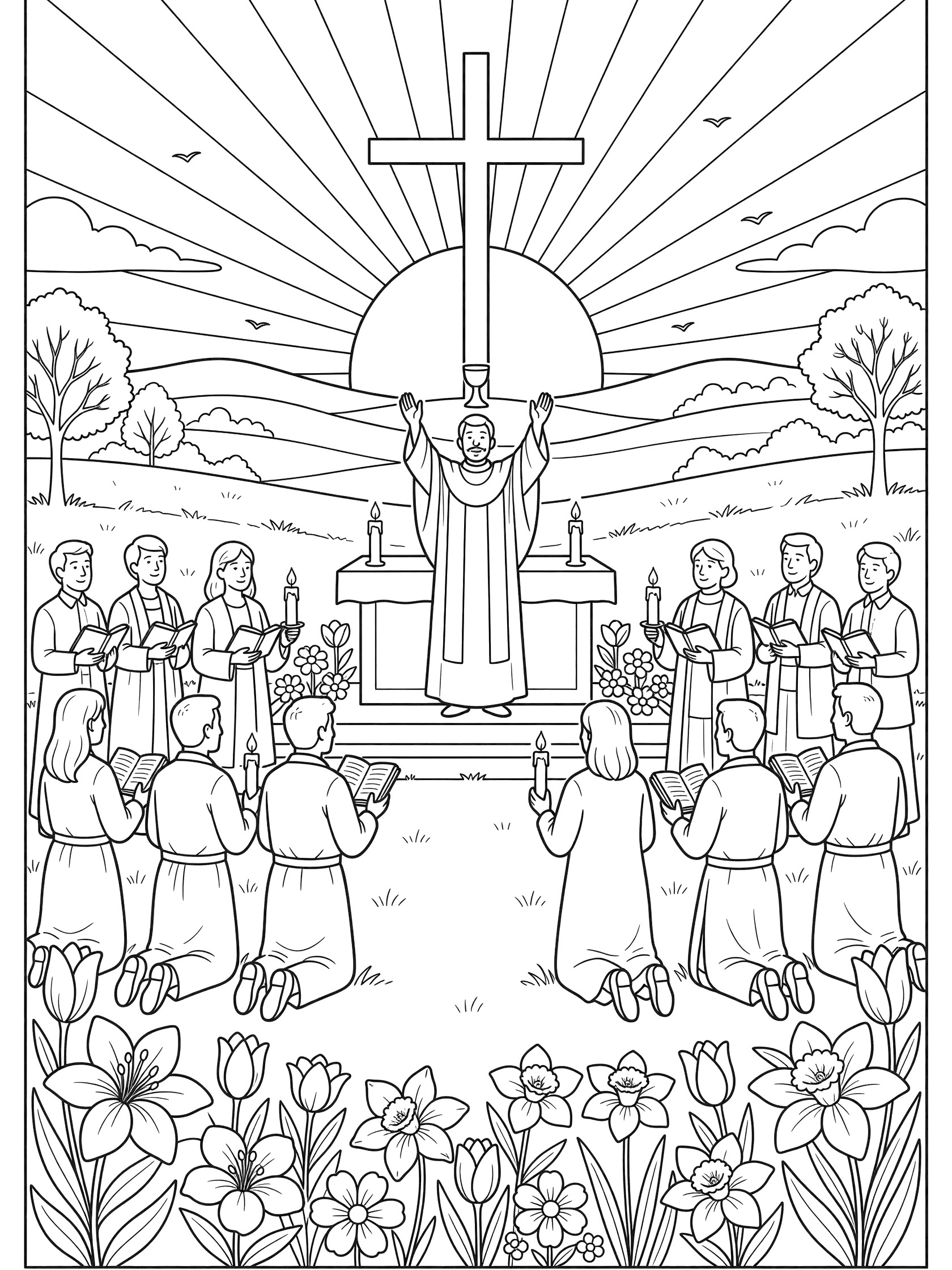Black and white line art coloring page of Easter Sunday Mass at dawn with priest raising chalice to cross, sun rays, parishioners with candles and hymnals, lilies and flowers.