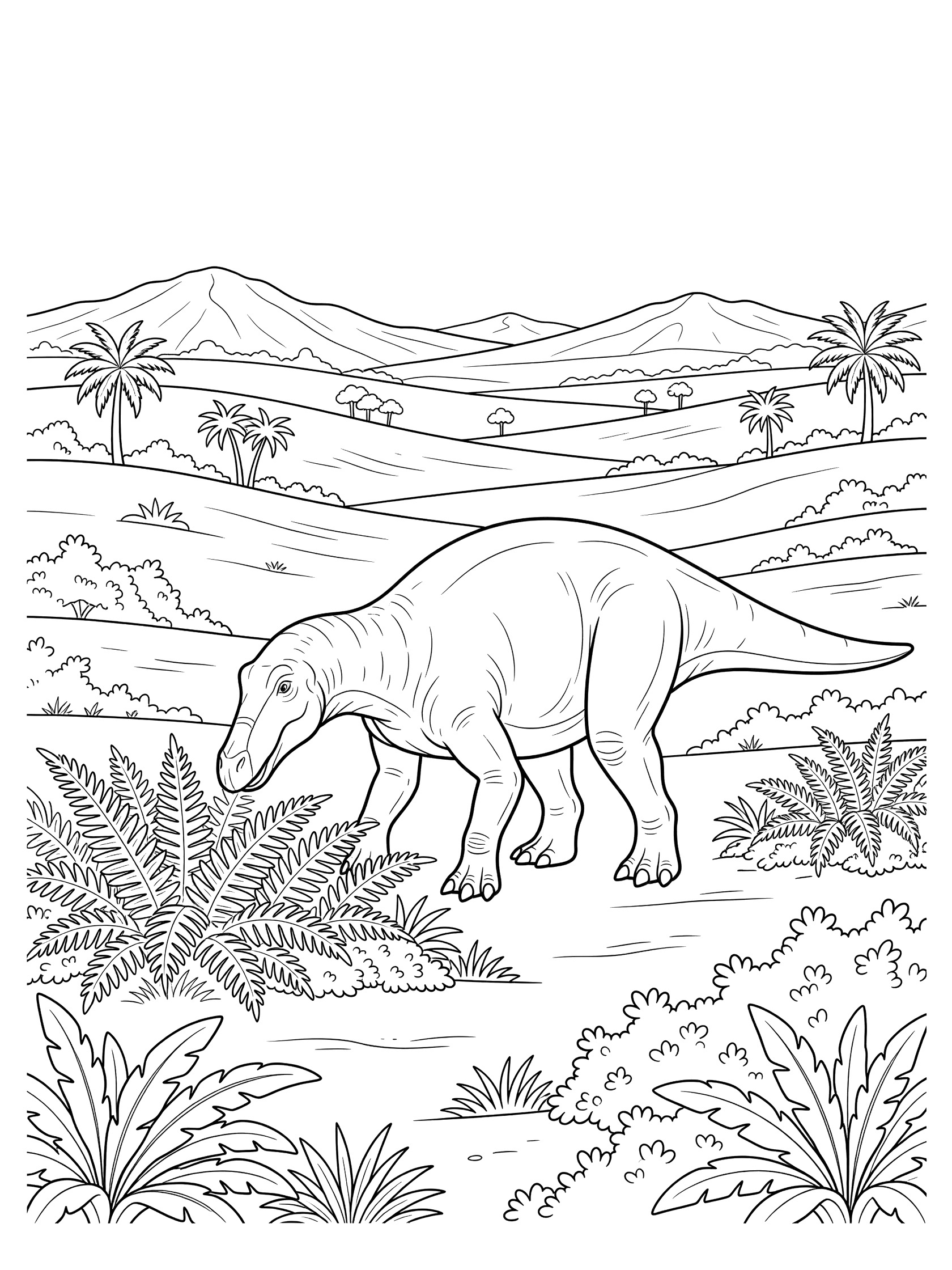 Black and white coloring page showing a large Edmontosaurus dinosaur with duck-billed head lowered to eat ferns on vast plains, with rolling hills, palm trees, bushes, and distant mountains.