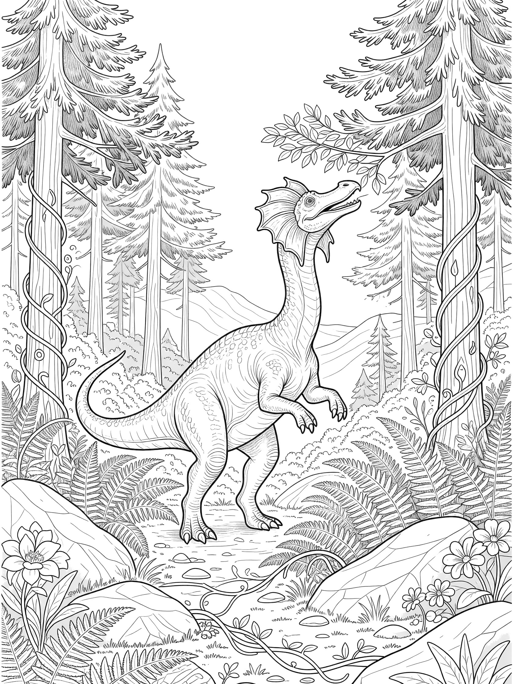 Black and white line art coloring page showing an Edmontosaurus dinosaur standing on hind legs, stretching its long neck to munch leaves from conifer trees in a detailed forest with ferns, vines, rocks, and hills.