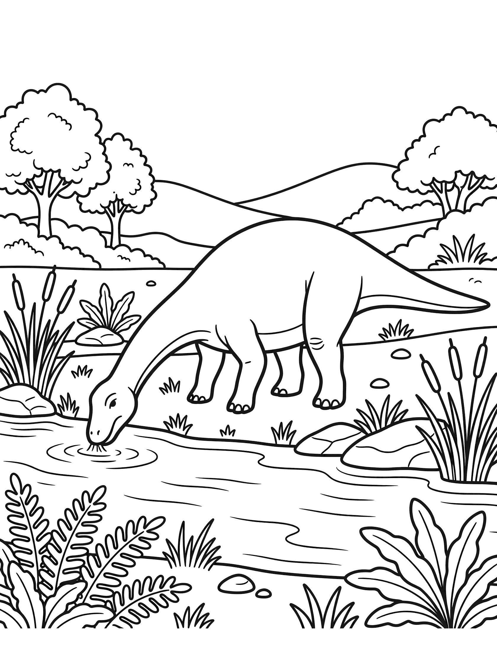 Black and white line art coloring page showing an Edmontosaurus dinosaur with long neck curved down drinking water from a river, surrounded by reeds, rocks, ferns, trees and hills.
