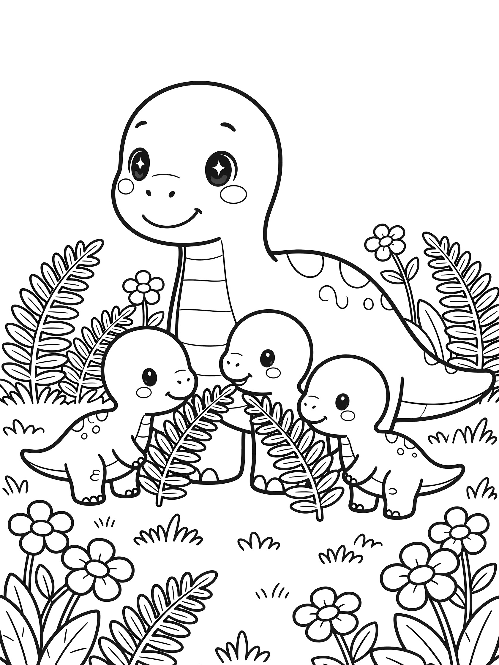 Black and white coloring page of a big-eyed Edmontosaurus dinosaur standing with three baby Edmontosauruses nuzzling her in a fern meadow.