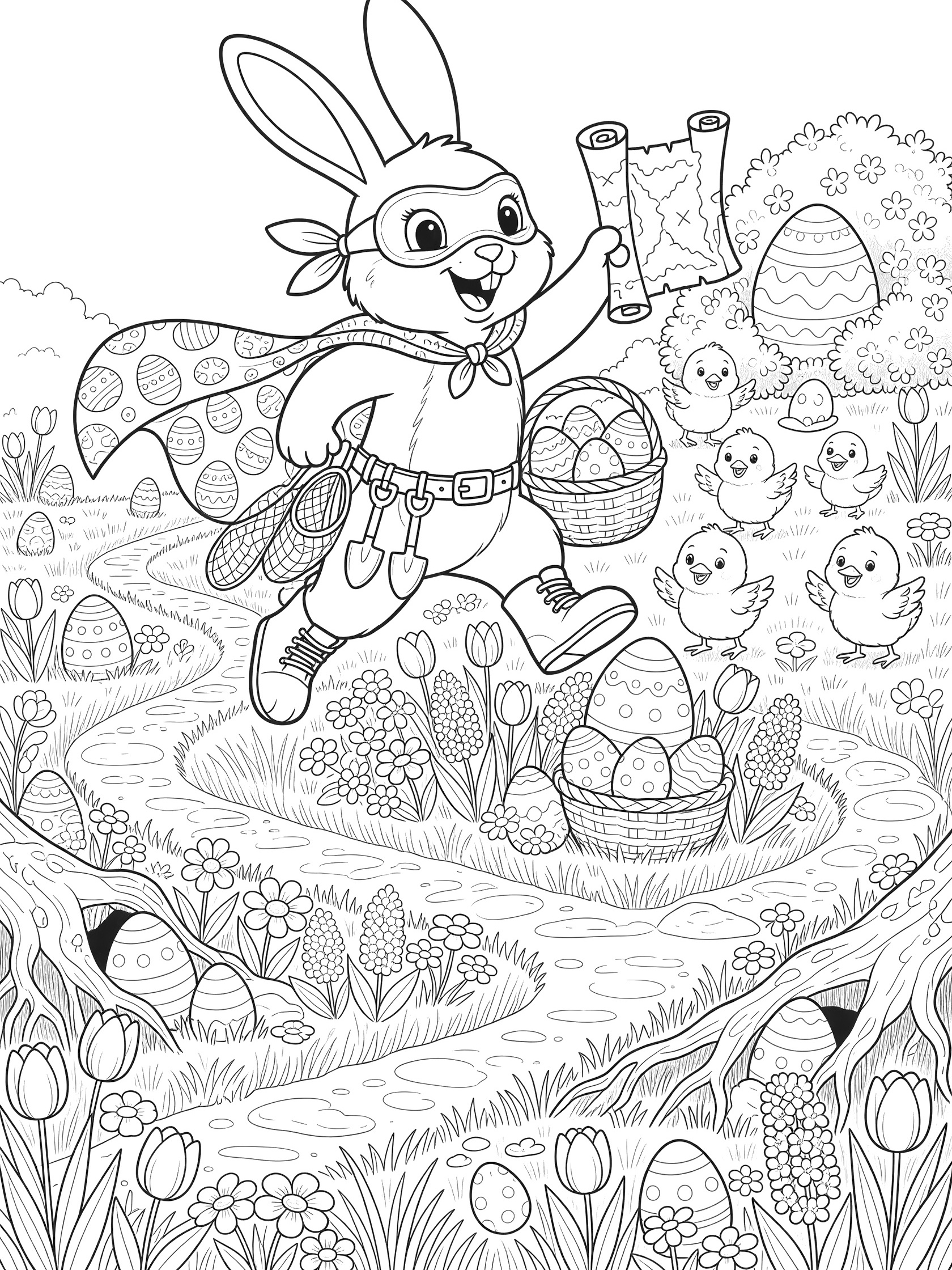Black and white coloring page of cute superhero Easter bunny in cape and mask hunting giant eggs in a meadow with chicks, flowers, and paths