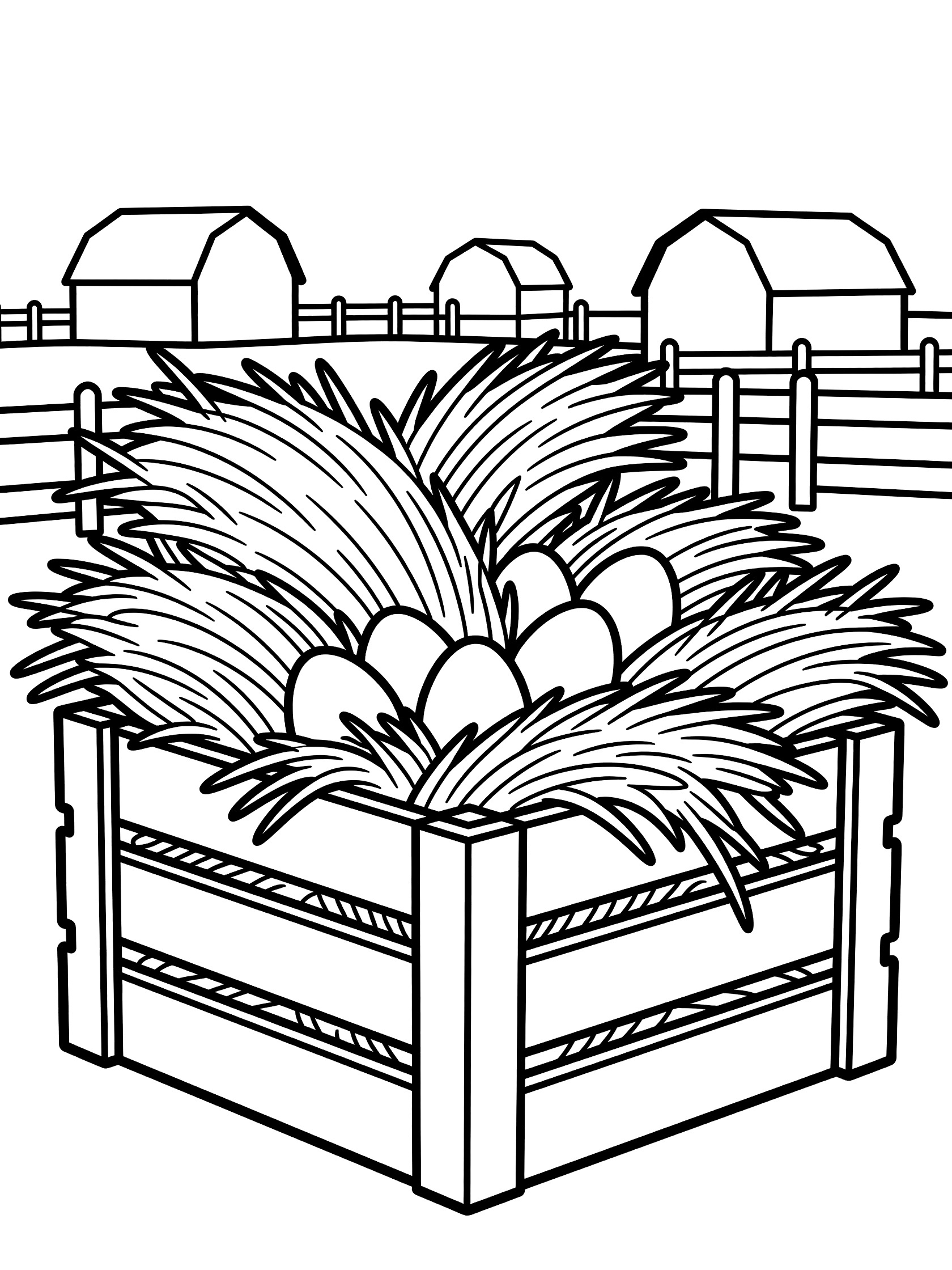 Printable coloring page showing eggs nestled in hay inside a wooden crate with farm barns and fences behind. Easter Eggs themed black and white printable line art