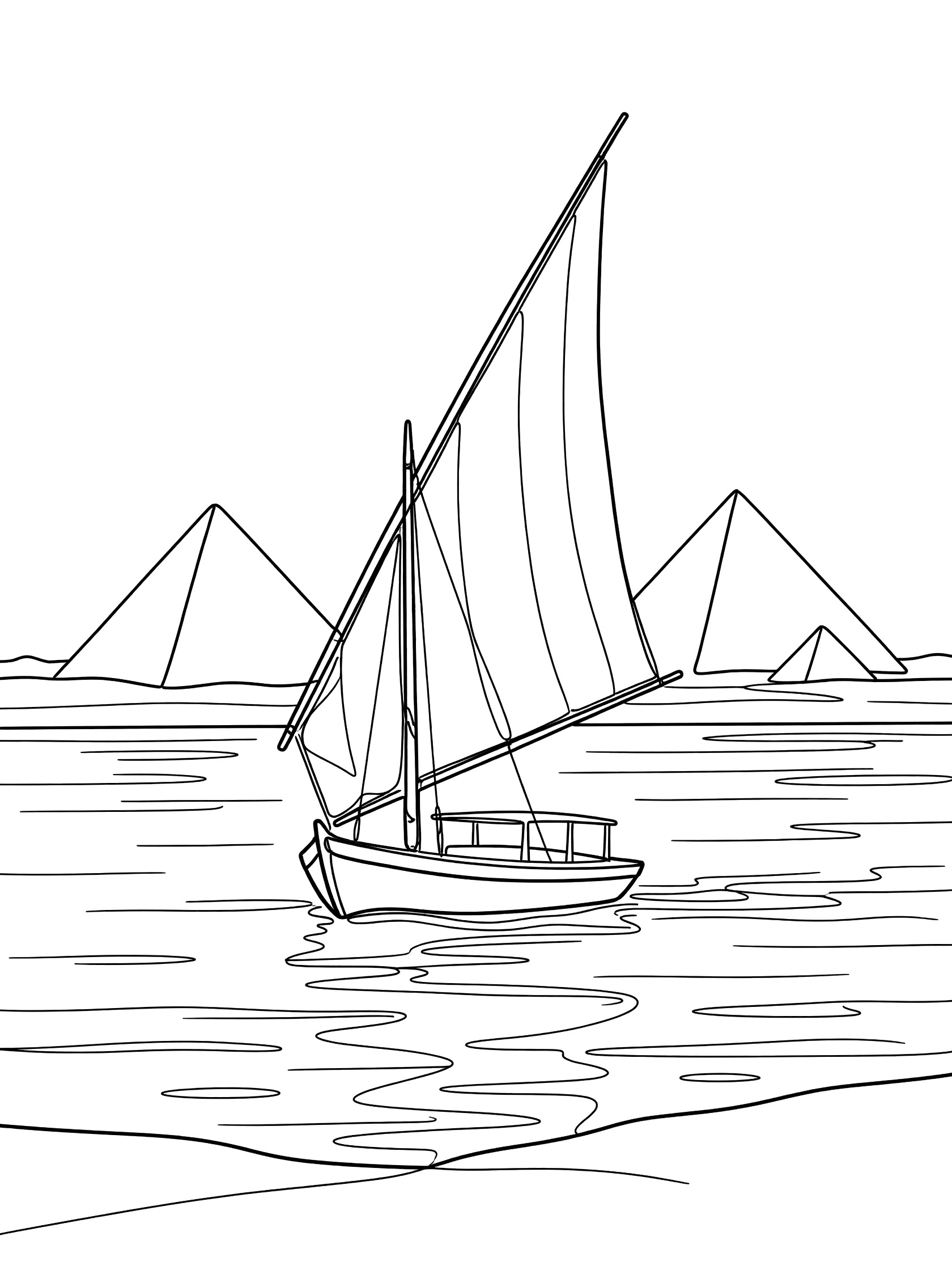 Black and white line art coloring page showing a sailboat with tall sails on rippled water and three pyramids on the horizon. The Nile River themed black and white printable line art